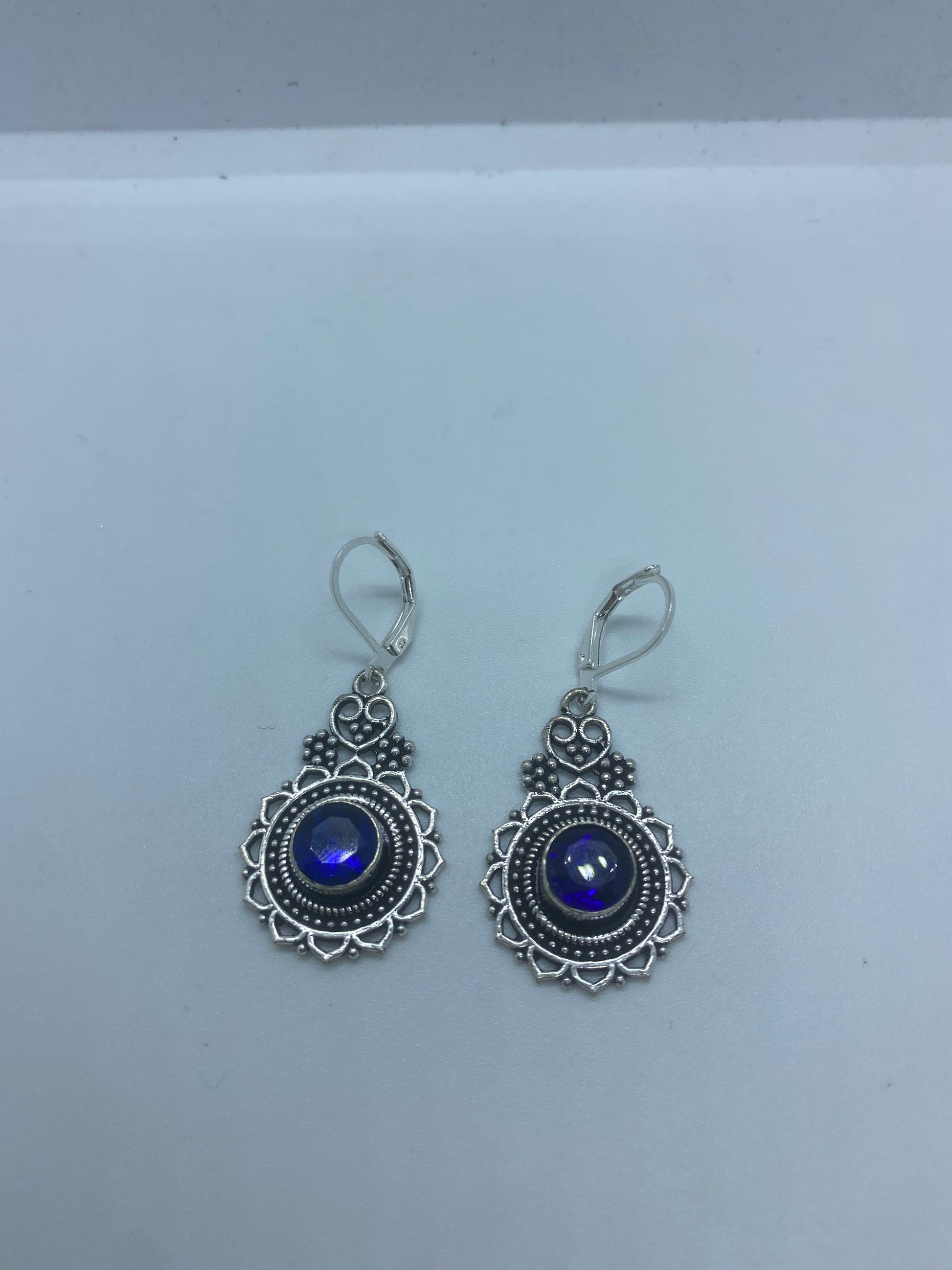 Antique Vintage Cobalt Blue Volcanic Glass Silver Dangle Earrings