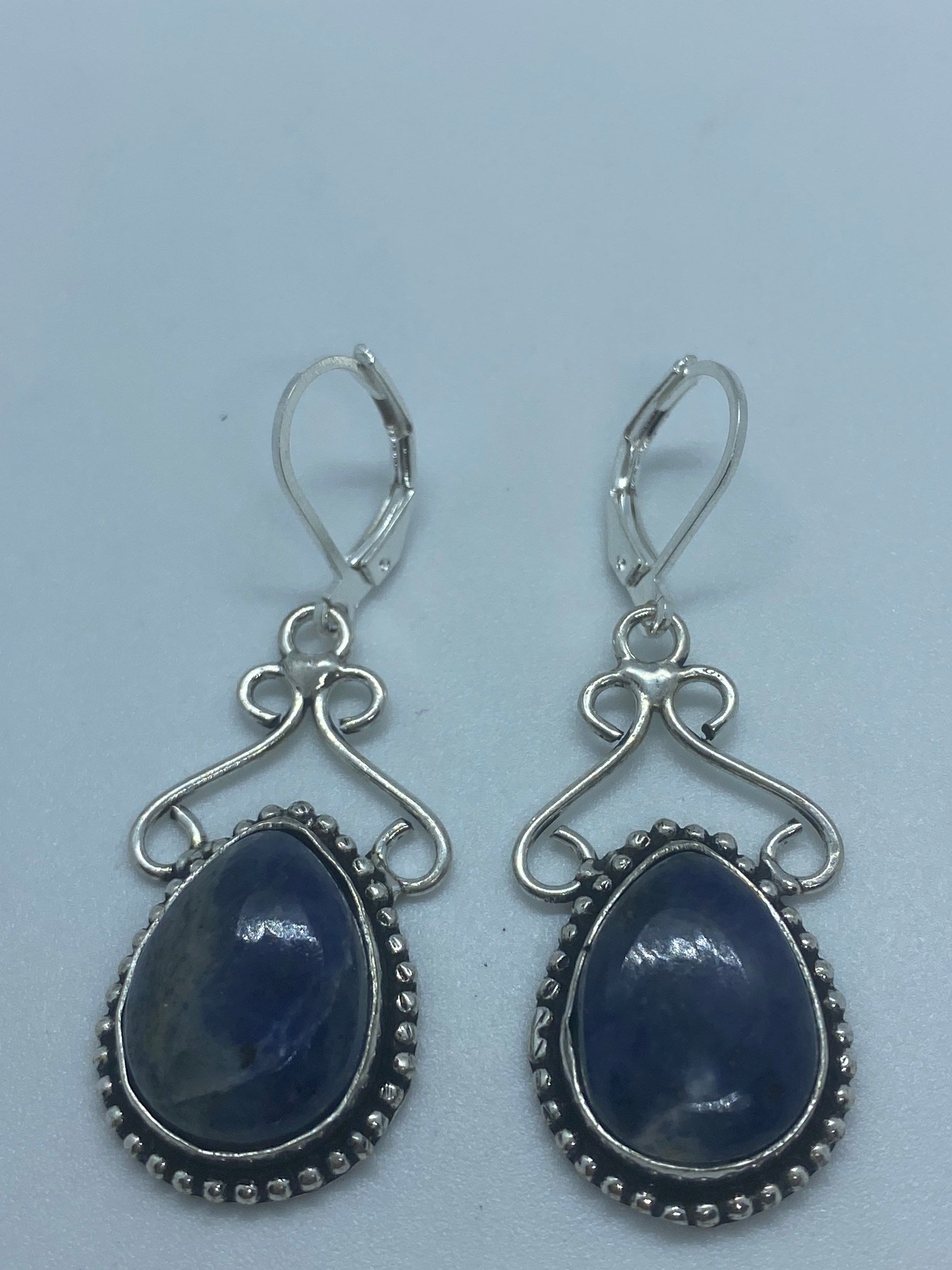 Vintage Blue Lapis Lazuli Earrings Silver Dangle