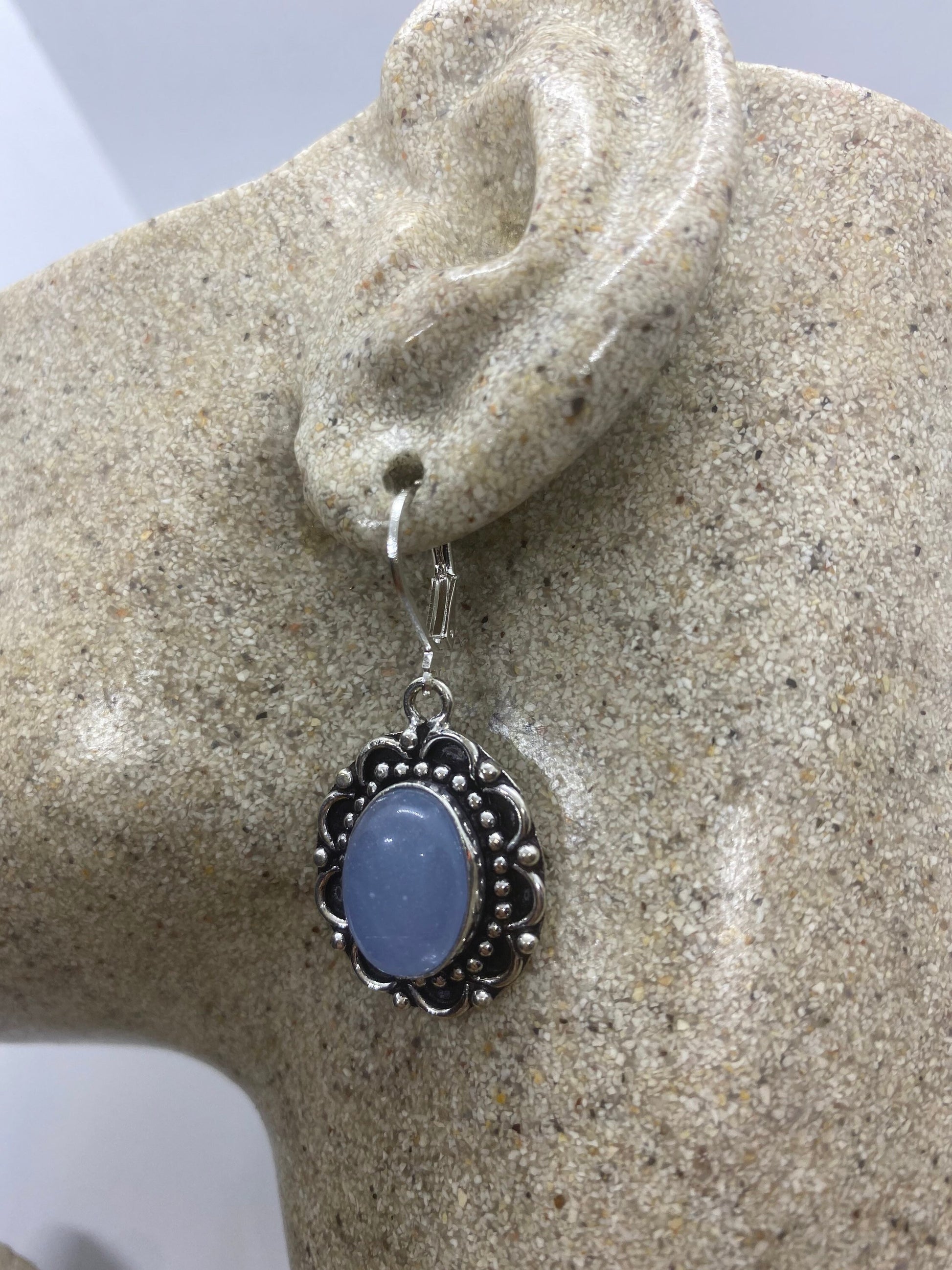 Vintage Blue Chalcedony Earrings Silver Dangle