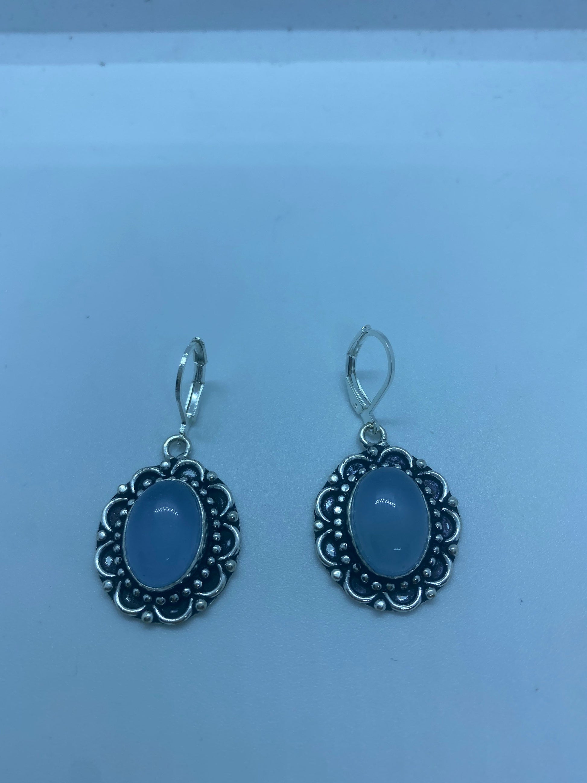 Vintage Blue Chalcedony Earrings Silver Dangle