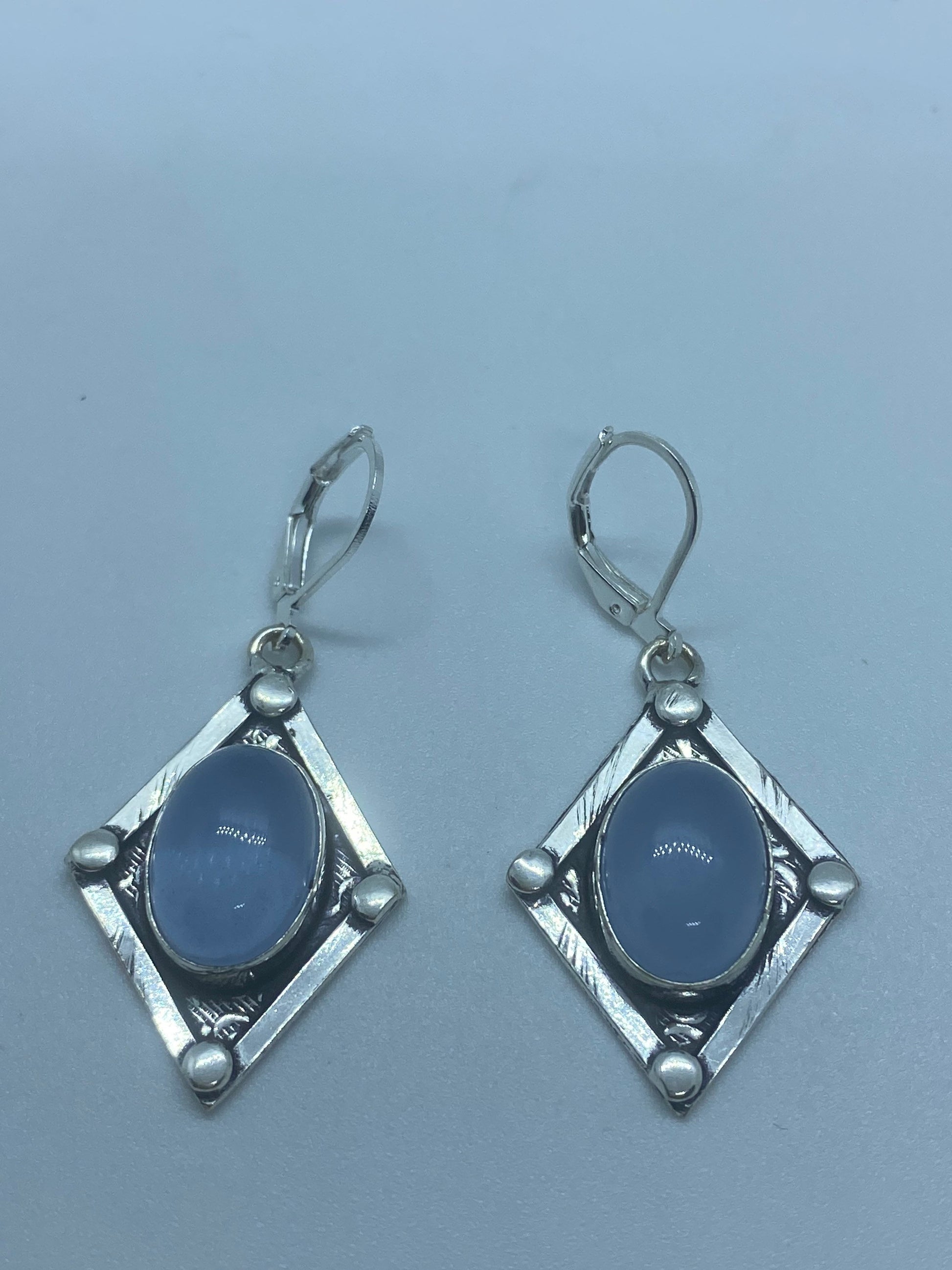 Vintage Blue Chalcedony Earrings Silver Dangle