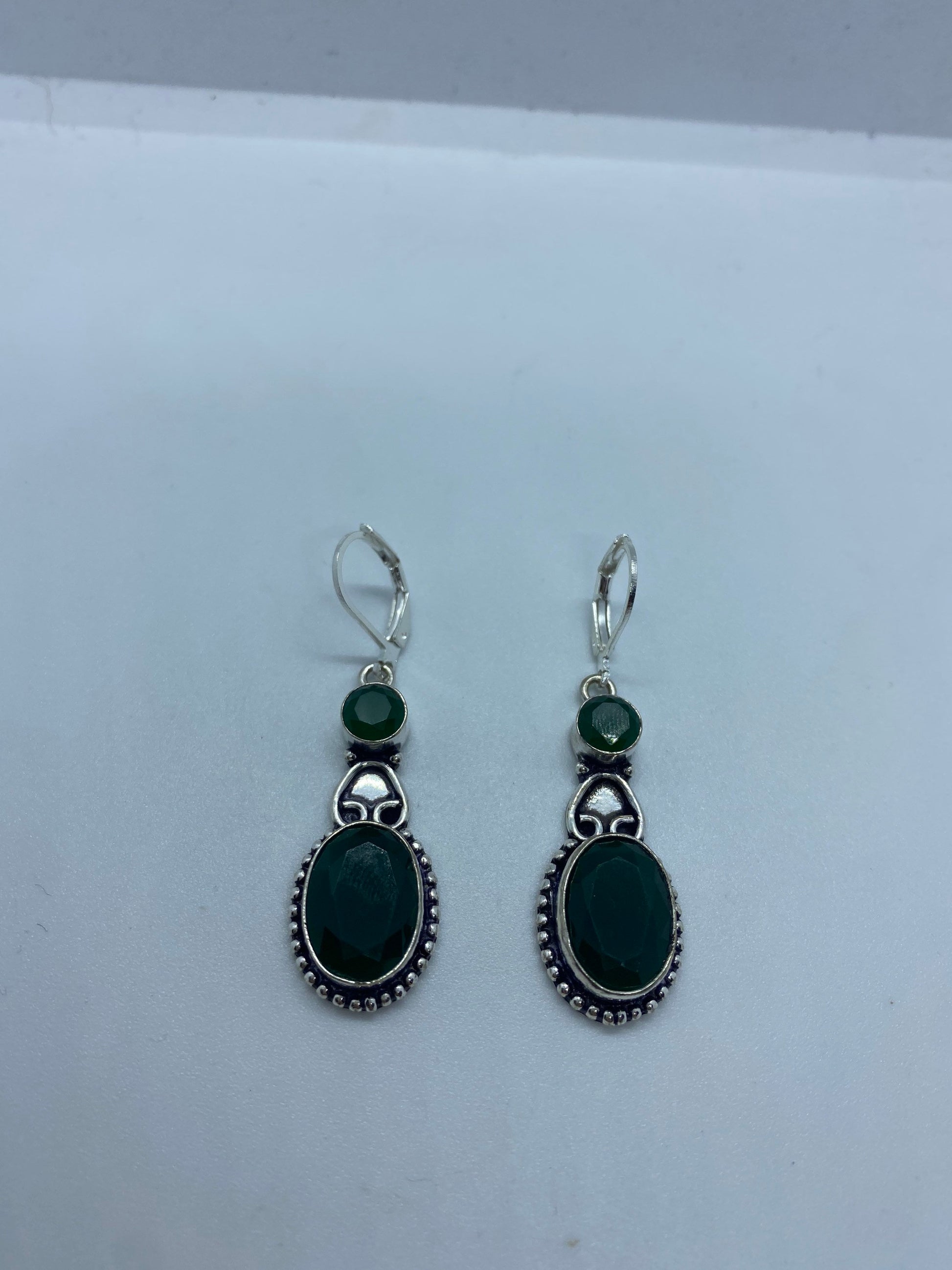 Antique Vintage Green Chrysoprase Silver Dangle Earrings