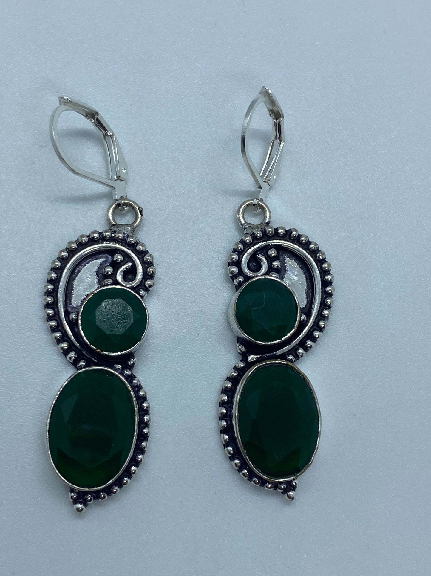 Antique Vintage Green Chrysoprase Silver Dangle Earrings