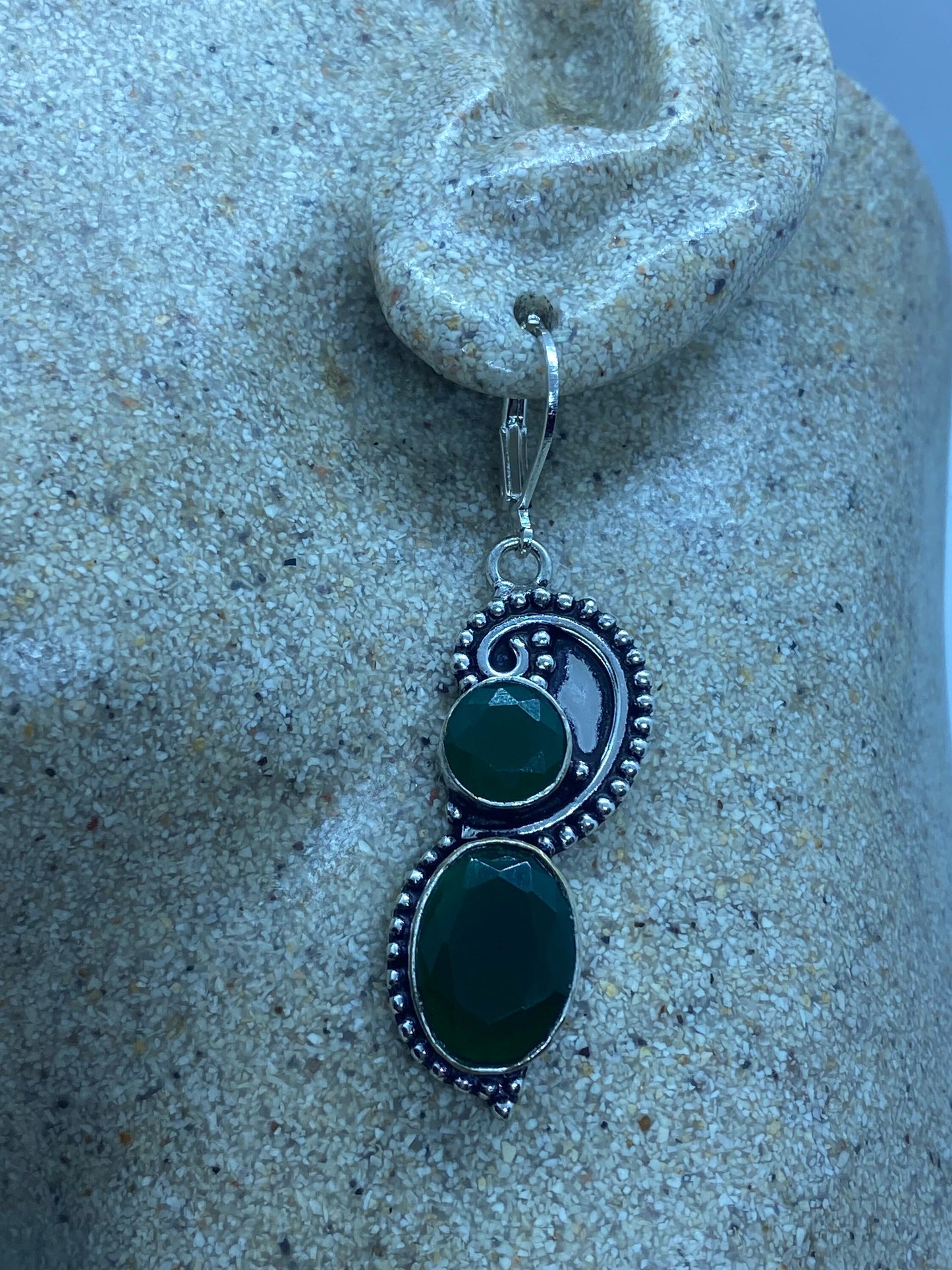 Antique Vintage Green Chrysoprase Silver Dangle Earrings