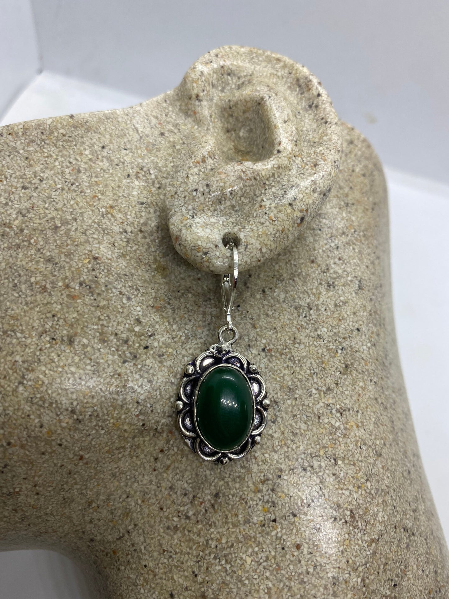 Antique Vintage Green Chrysoprase Silver Dangle Earrings