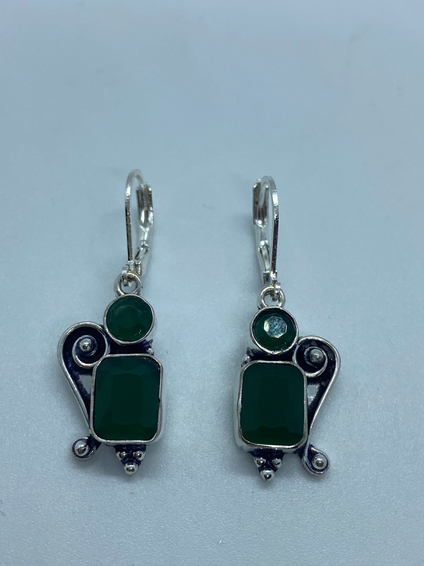 Antique Vintage Green Chrysoprase Silver Dangle Earrings