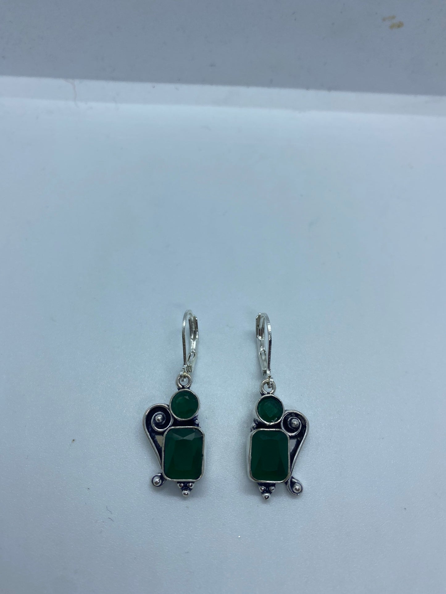 Antique Vintage Green Chrysoprase Silver Dangle Earrings