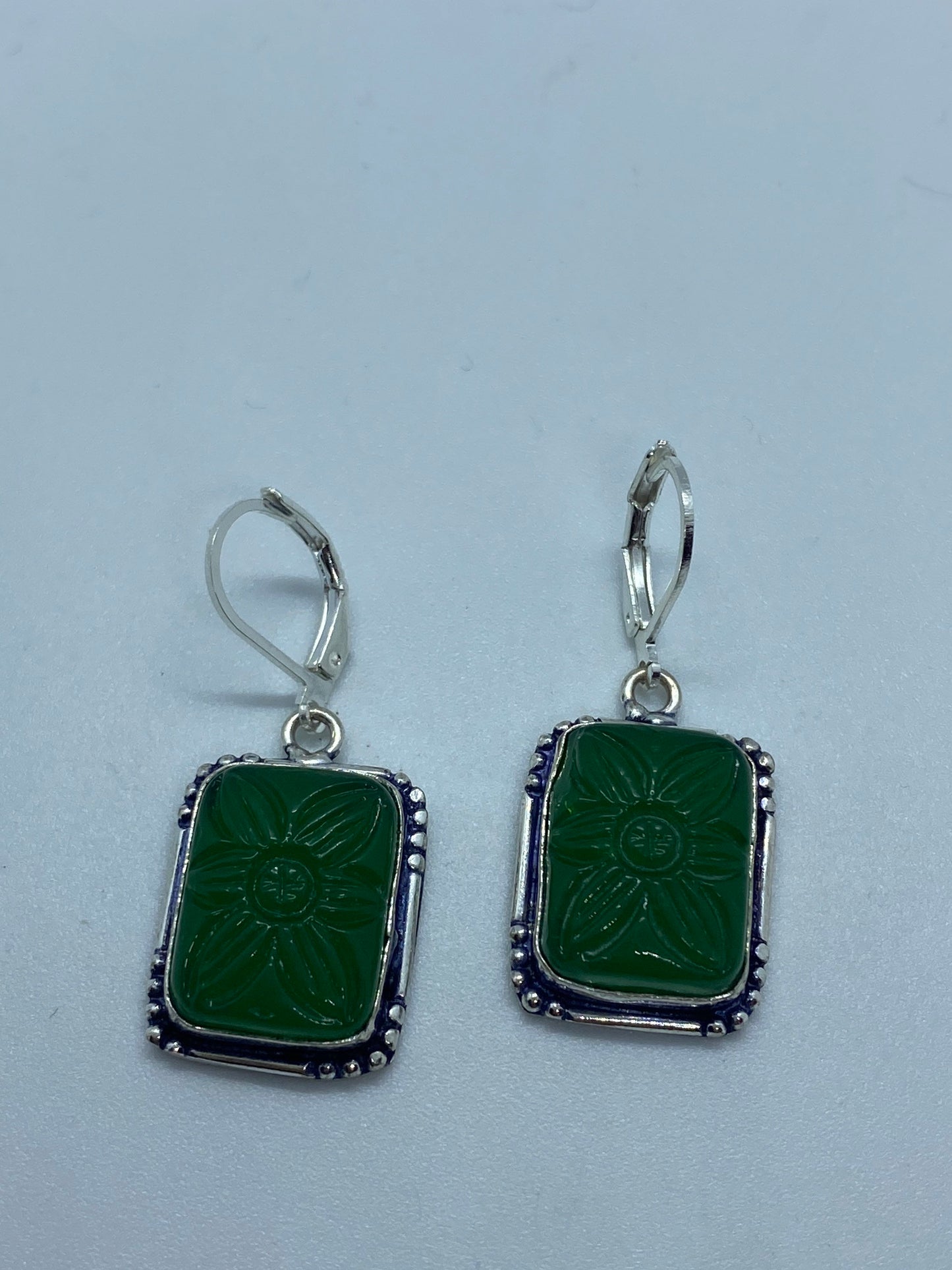 Antique Vintage Green Chrysoprase Silver Dangle Earrings