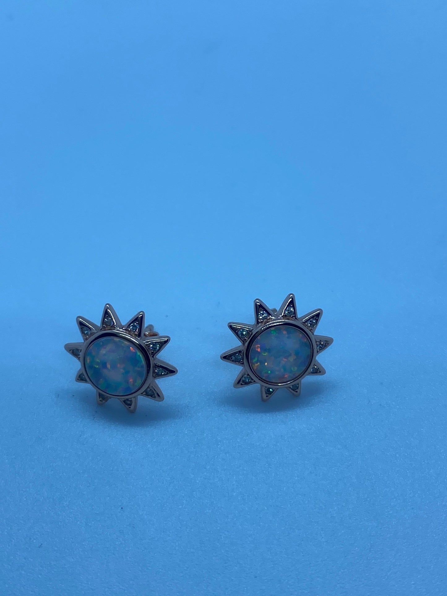 Vintage White Opal Sun Earrings Rose Golden 925 Sterling Silver Stud Button