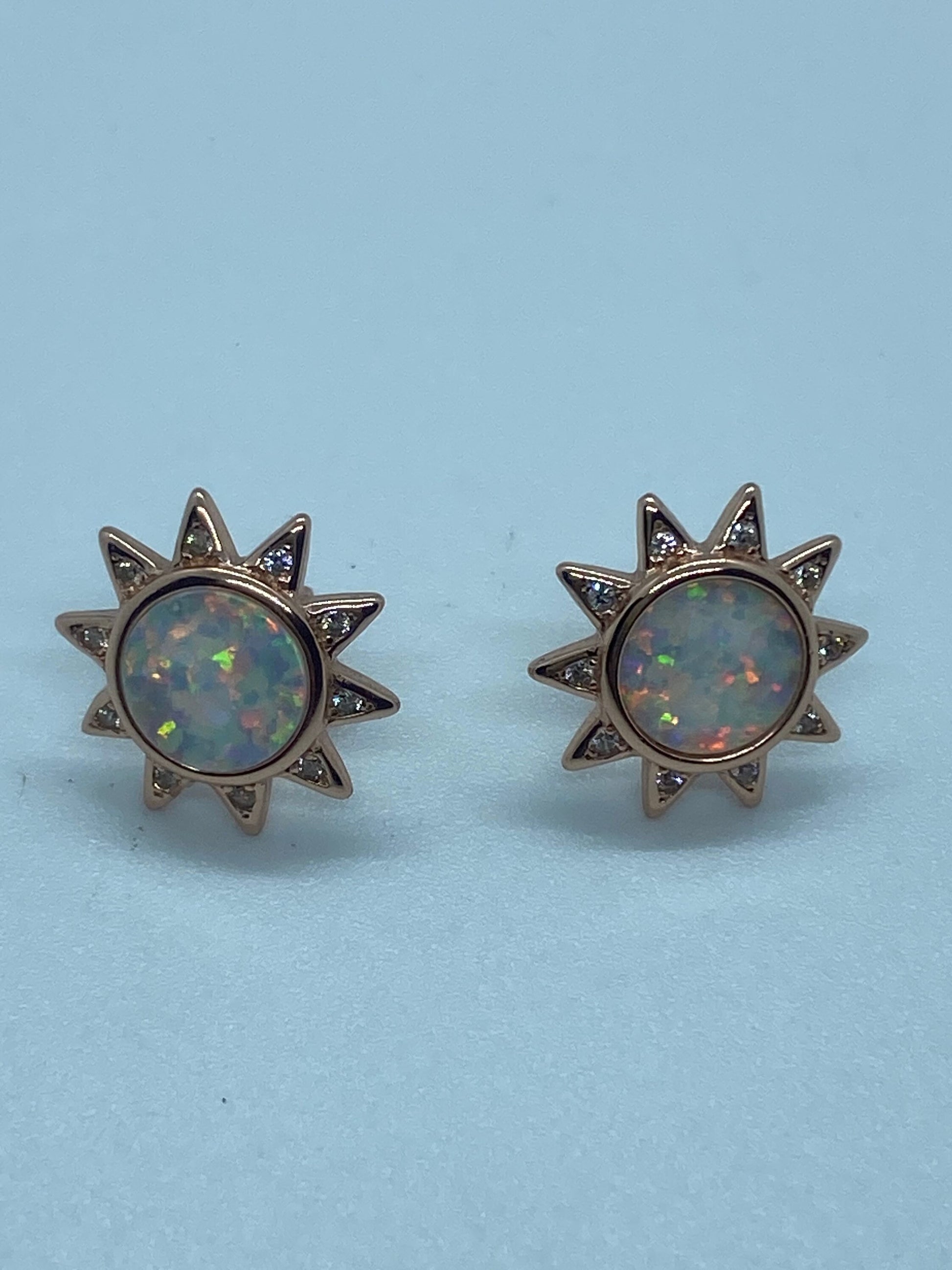 Vintage White Opal Sun Earrings Rose Golden 925 Sterling Silver Stud Button