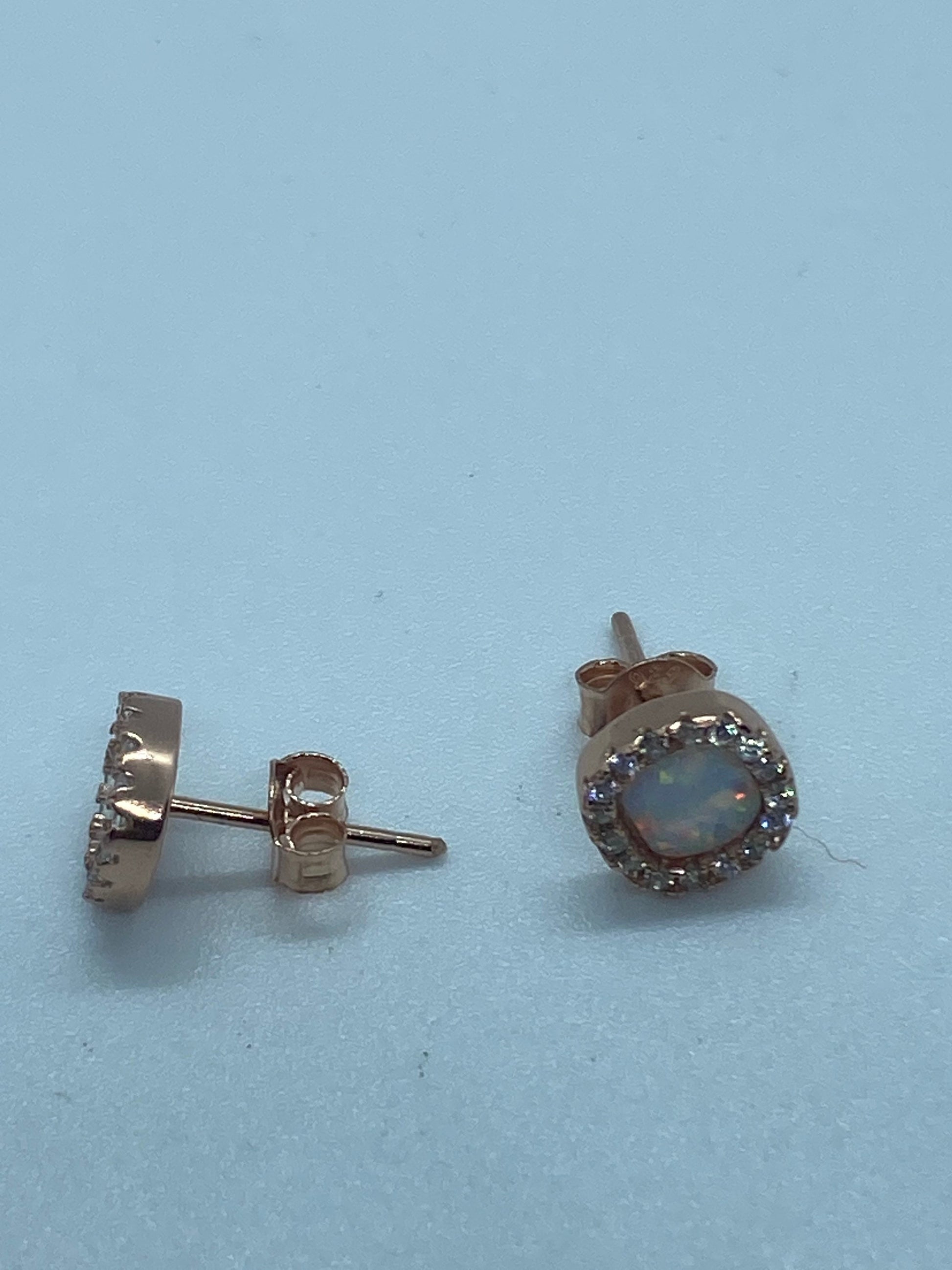 Vintage White Opal Earrings Rose Golden 925 Sterling Silver Stud Button