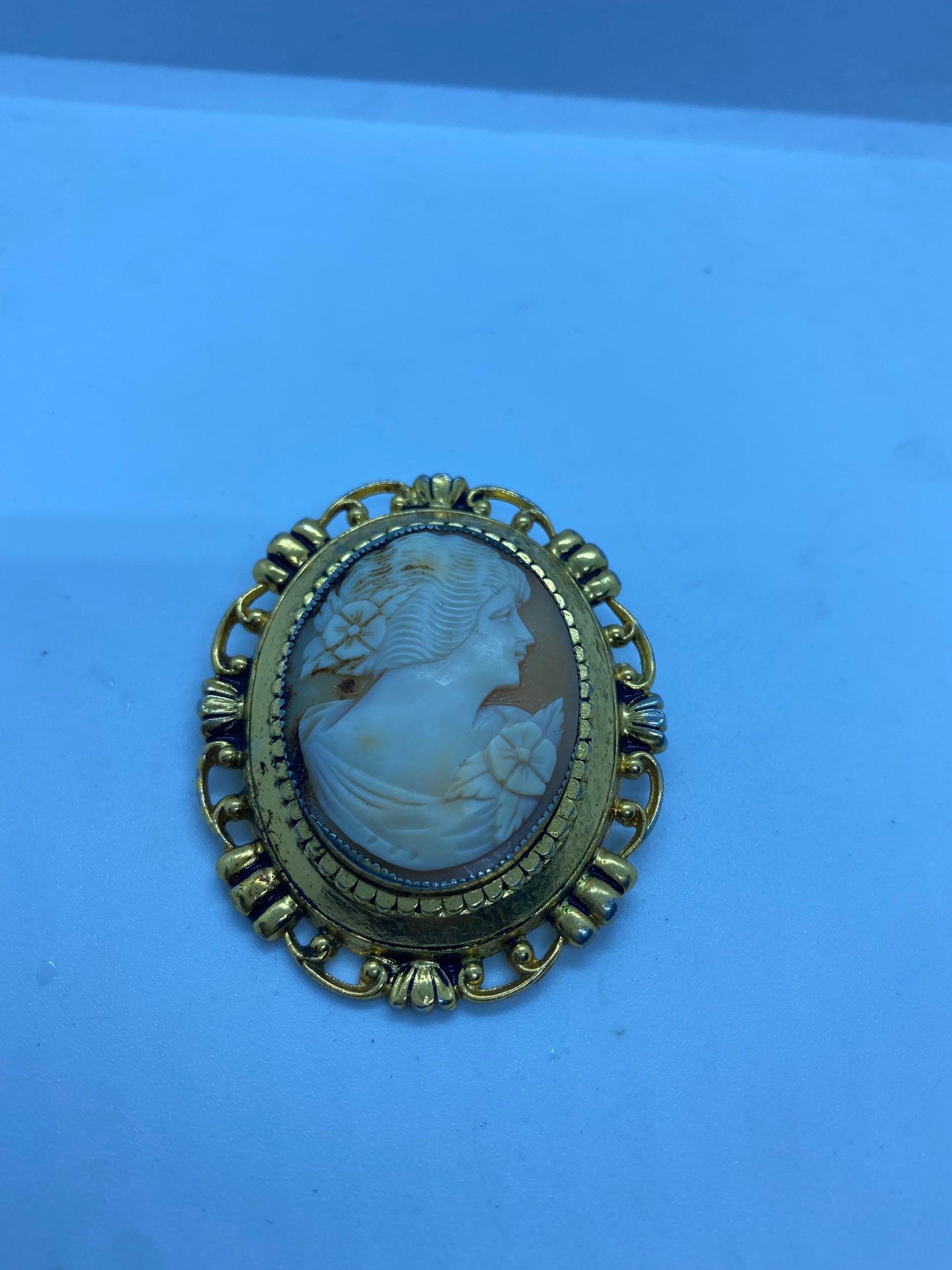Vintage Shell Cameo Yellow Gold Finished Brooch Pin