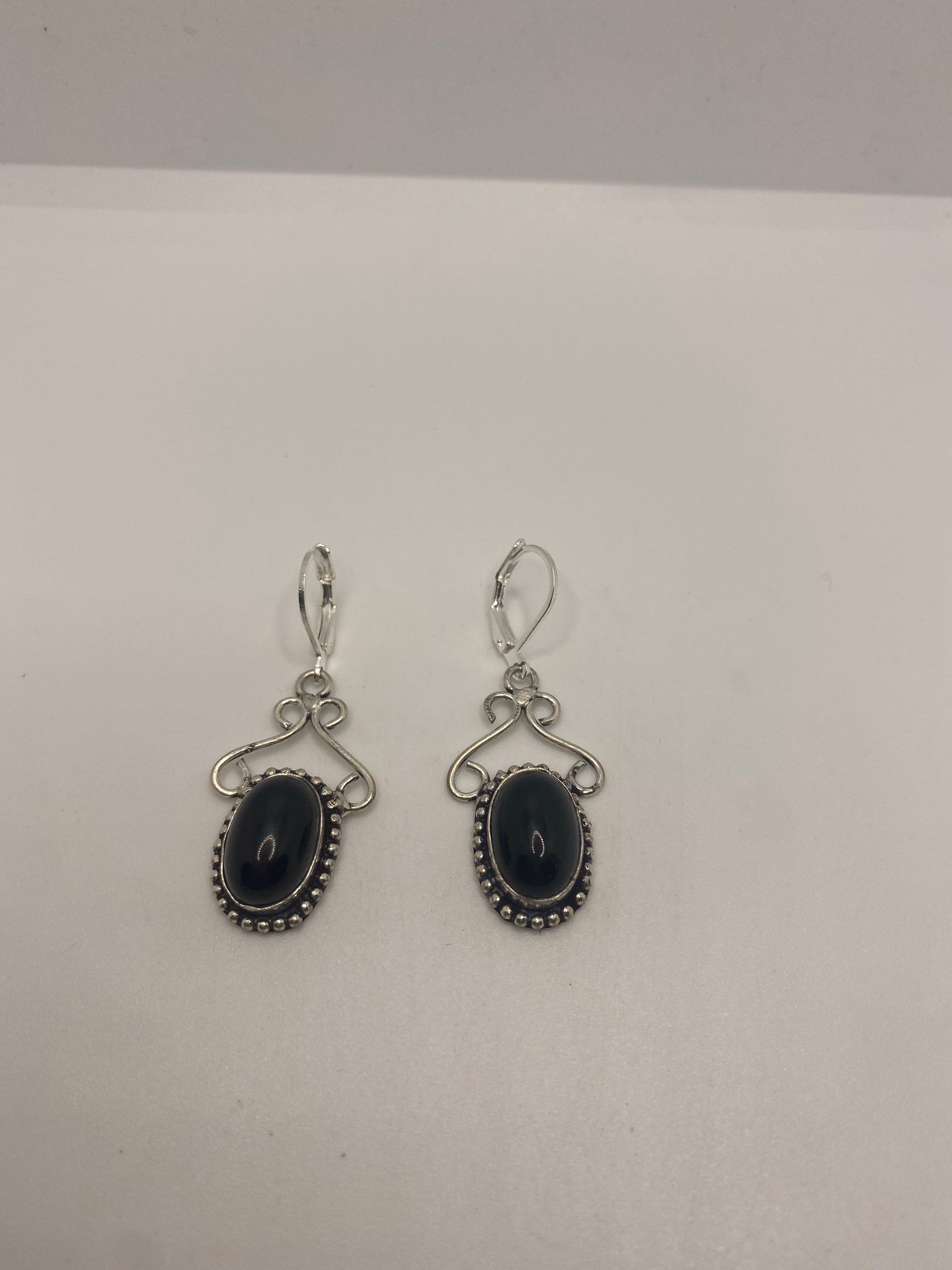 Vintage Black Earring Onyx 925 Sterling Silver Deco Dangle Chandelier