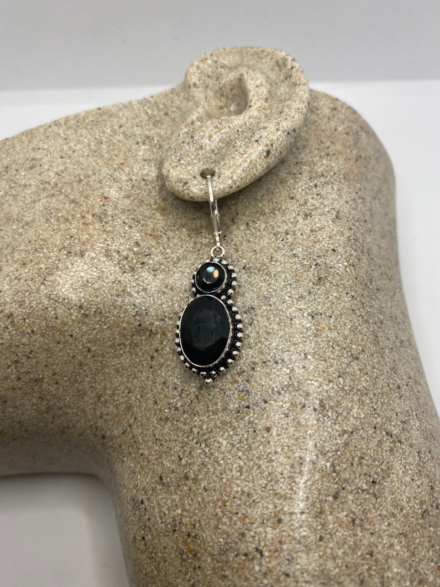 Vintage Black Earring Onyx 925 Sterling Silver Deco Dangle Chandelier