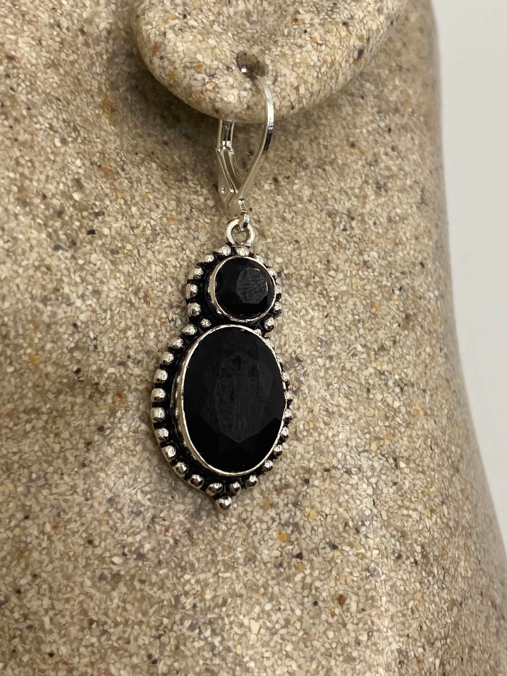 Vintage Black Earring Onyx 925 Sterling Silver Deco Dangle Chandelier