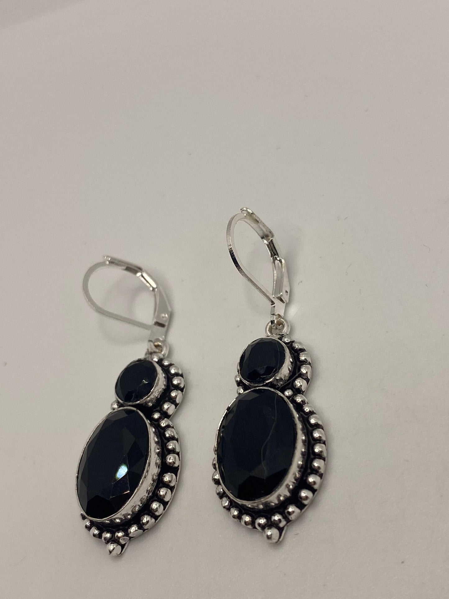 Vintage Black Earring Onyx 925 Sterling Silver Deco Dangle Chandelier