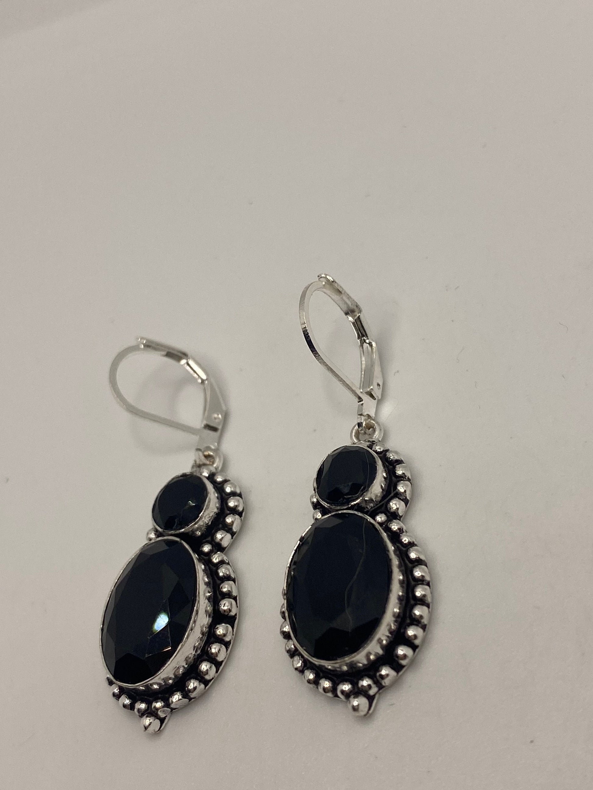 Vintage Black Earring Onyx 925 Sterling Silver Deco Dangle Chandelier