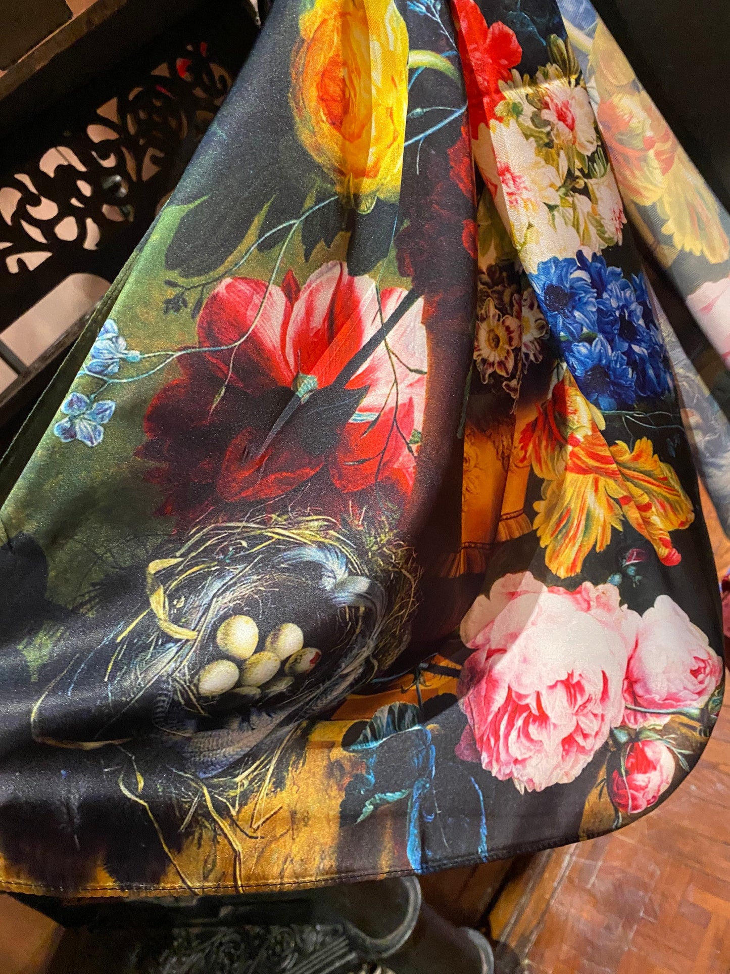 Vintage Floral Birds Nest Impressionist Silky Scarf Wrap