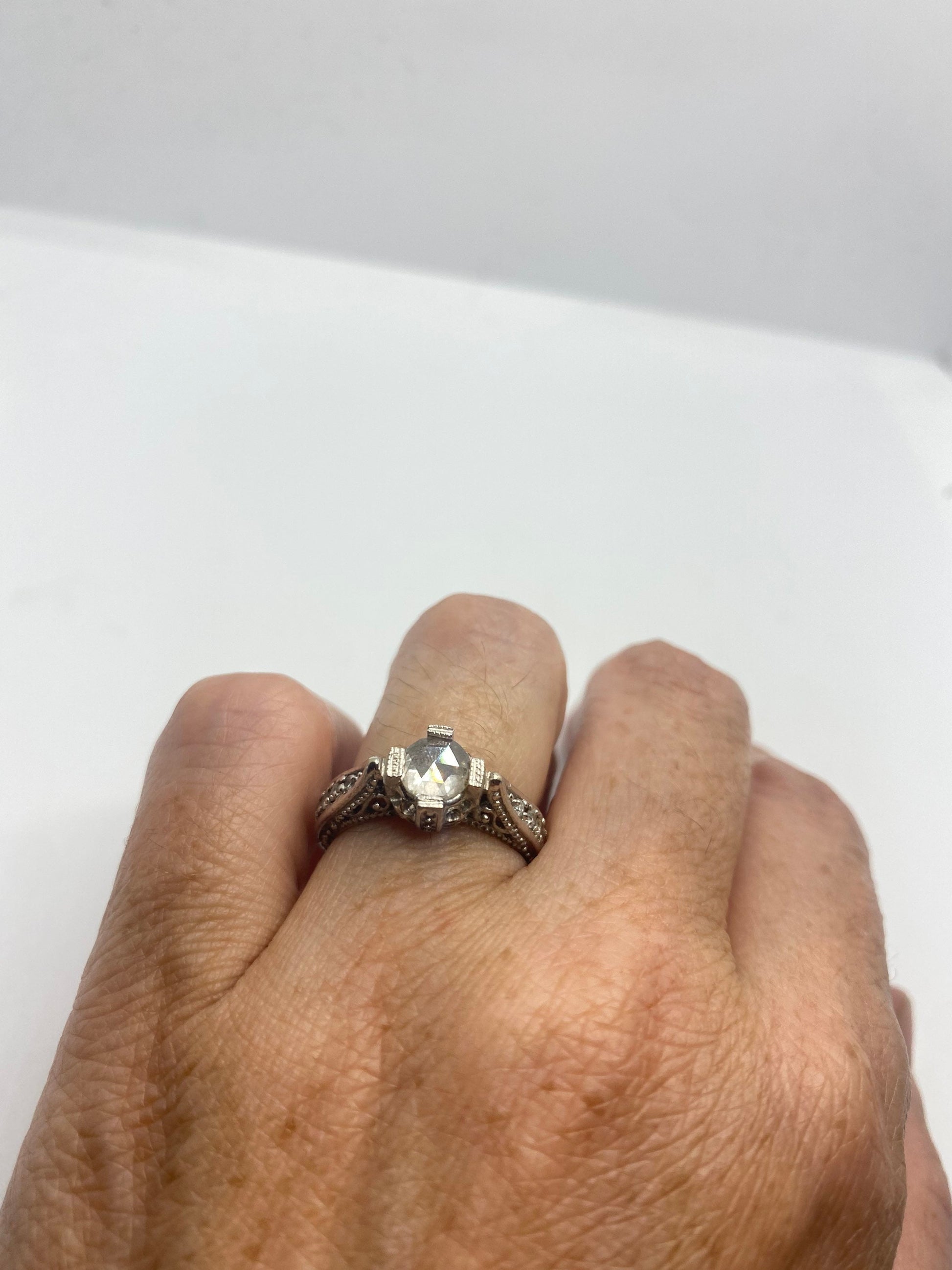 Vintage Victorian Handmade Antique old rose cut White Diamond Gothic 14k White Gold Engagement Ring