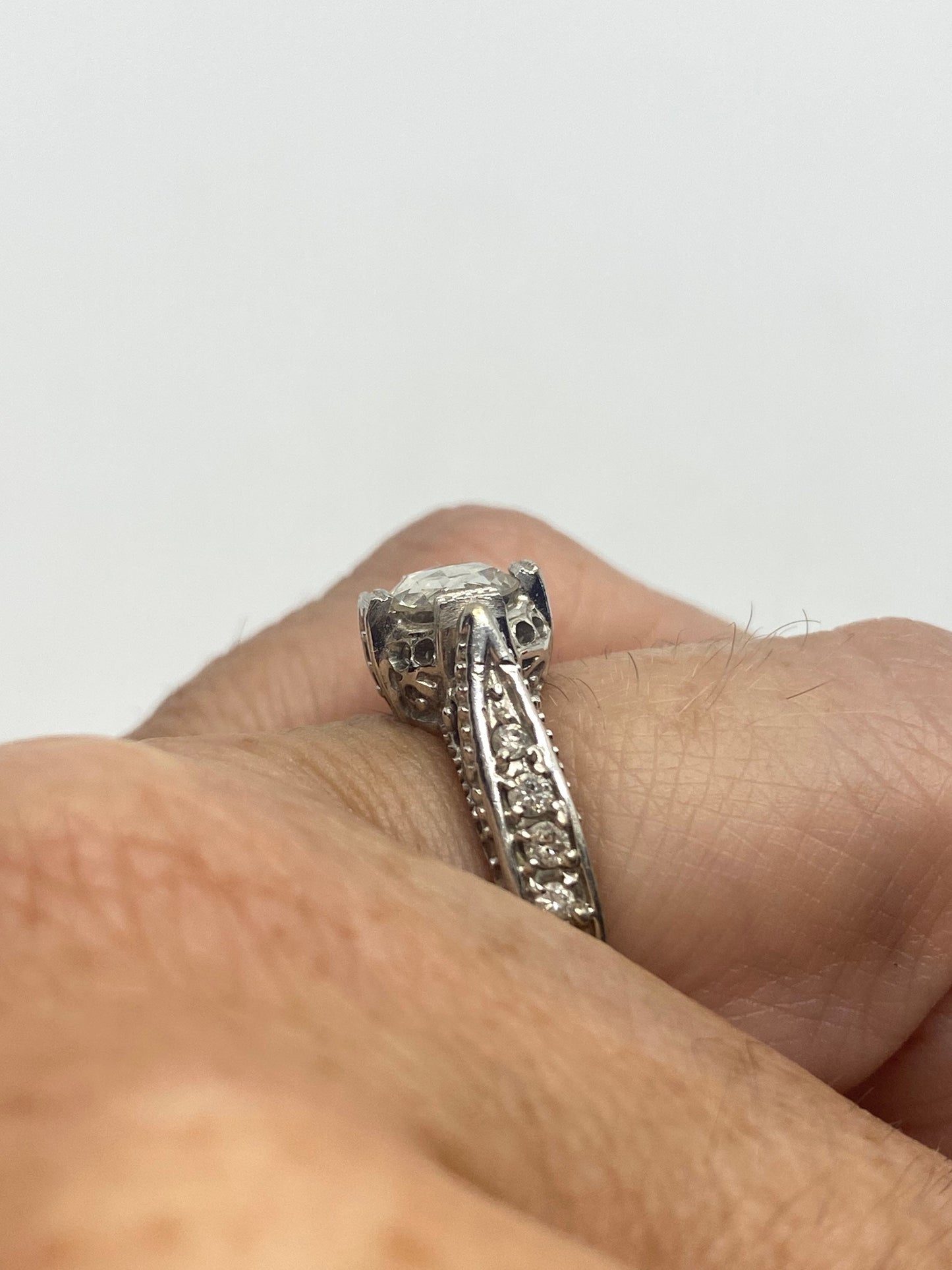 Vintage Victorian Handmade Antique old rose cut White Diamond Gothic 14k White Gold Engagement Ring