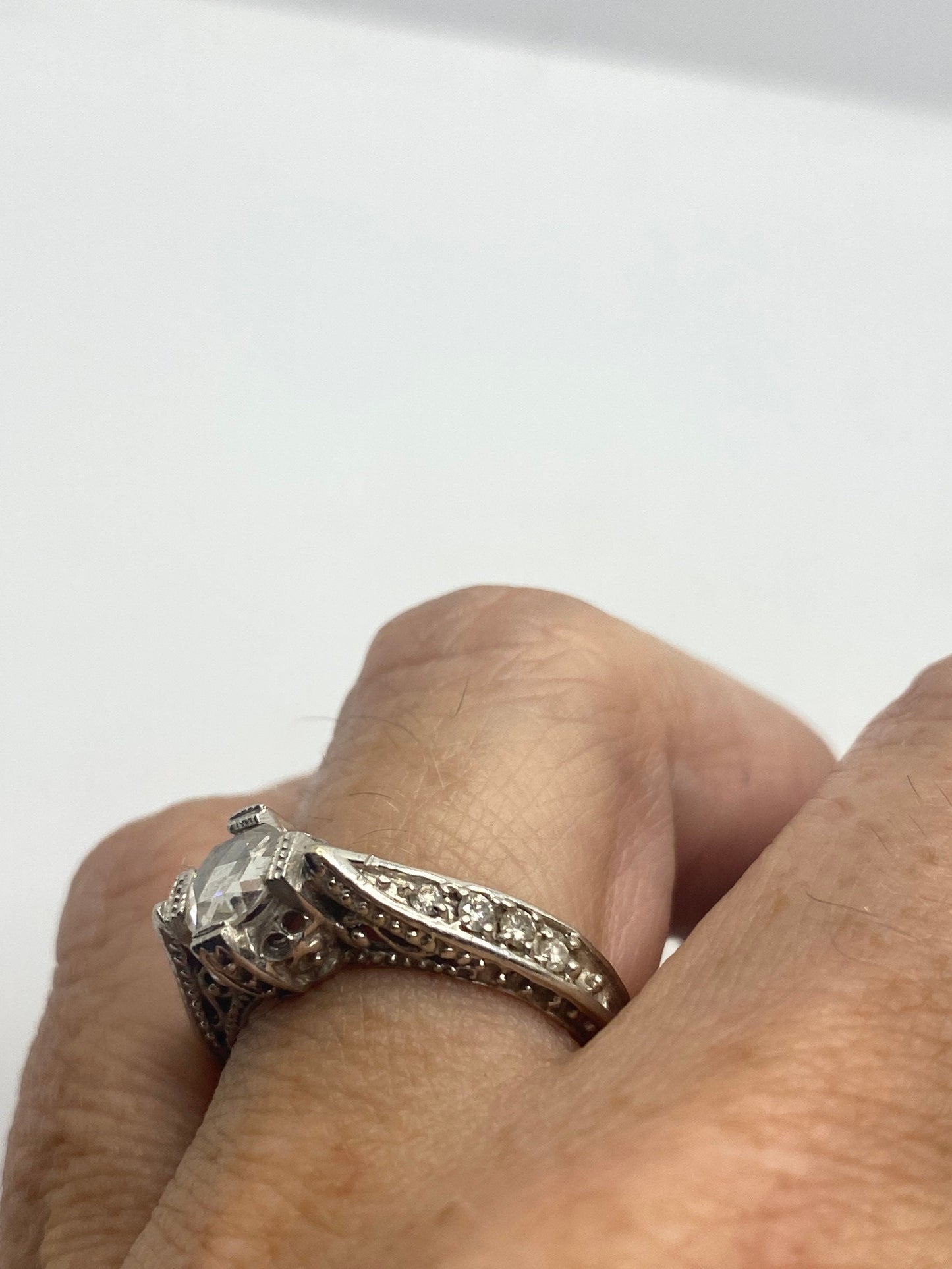 Vintage Victorian Handmade Antique old rose cut White Diamond Gothic 14k White Gold Engagement Ring