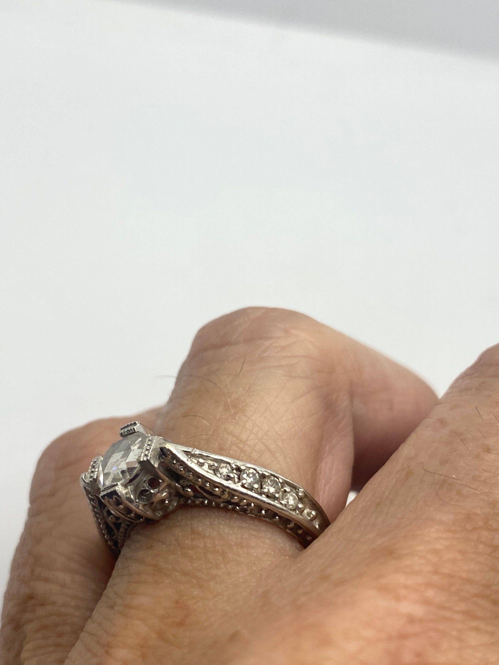Vintage Victorian Handmade Antique old rose cut White Diamond Gothic 14k White Gold Engagement Ring