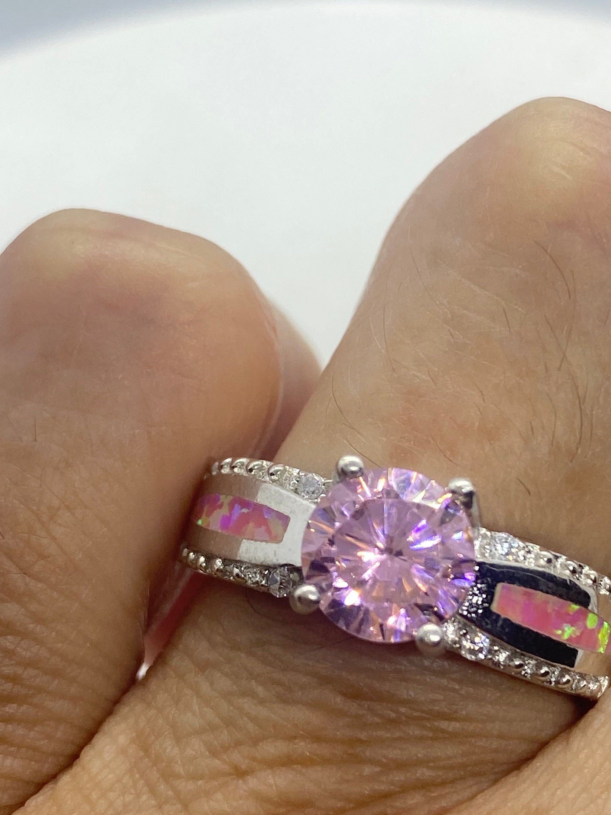Vintage Pink Ice CZ Pink opal Deco Ring 925 Sterling Silver