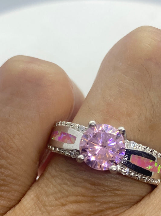 Vintage Pink Ice CZ Pink opal Deco Ring 925 Sterling Silver
