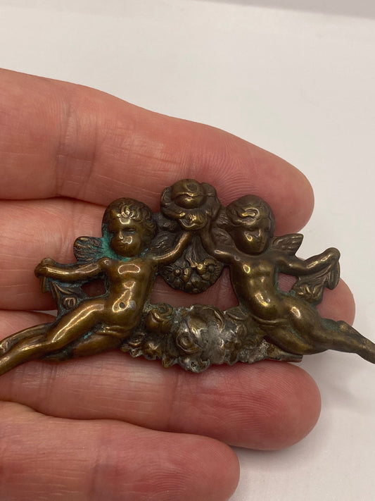 Vintage Deco Bronze Angel Flower Brooch Pin