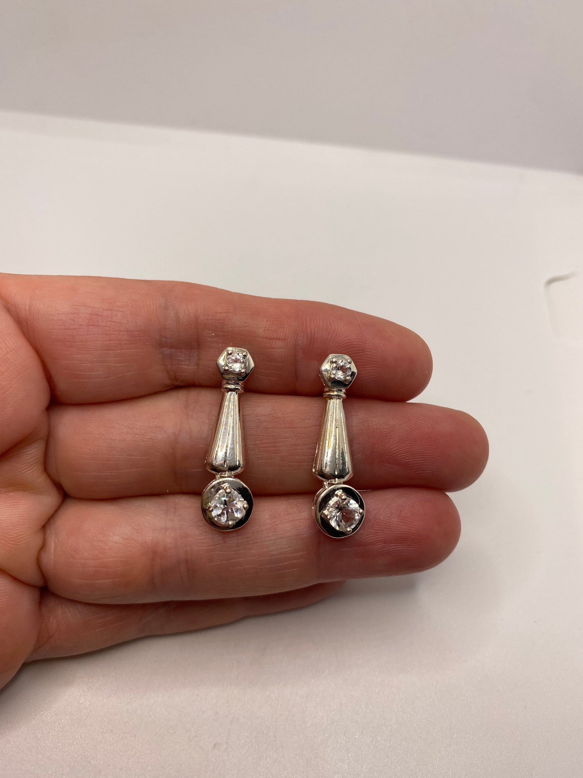 Vintage Handmade Sterling Silver White Sapphire Gemstone Drop Earrings