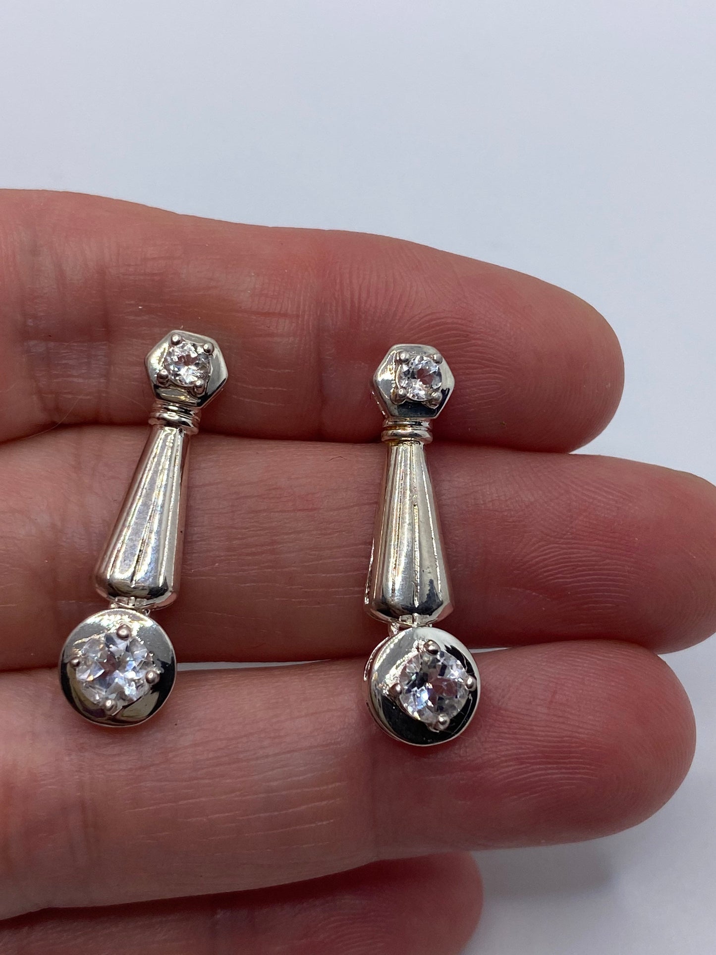 Vintage Handmade Sterling Silver White Sapphire Gemstone Drop Earrings