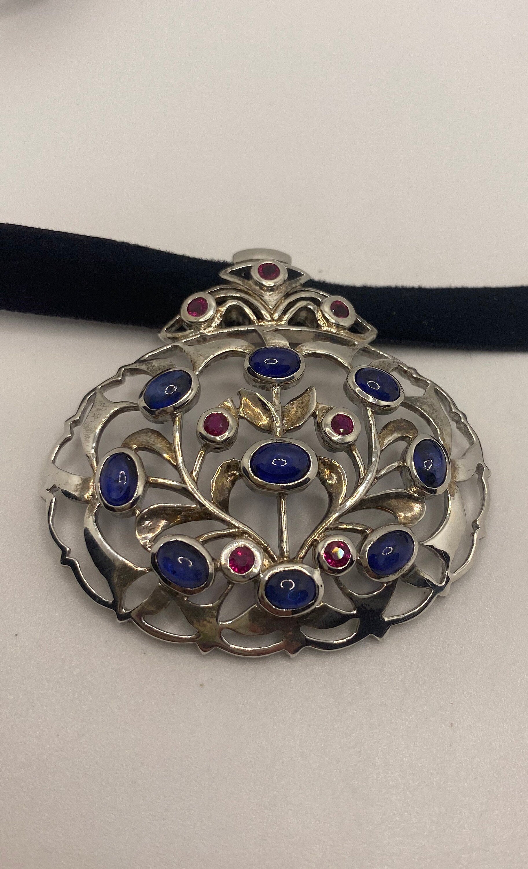 Vintage Blue Sapphire Ruby Choker 925 Sterling Silver Pendant