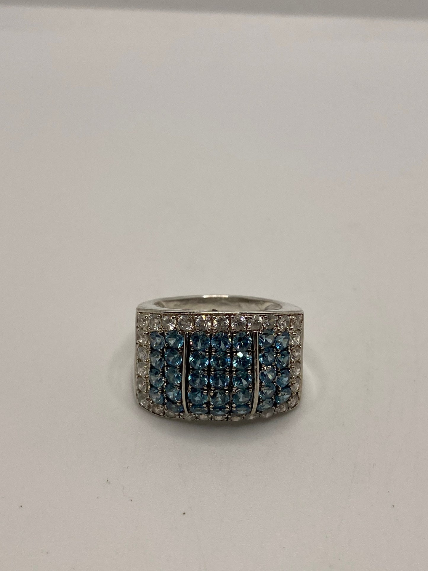 Vintage genuine blue topaz white sapphire 925 sterling silver Ring