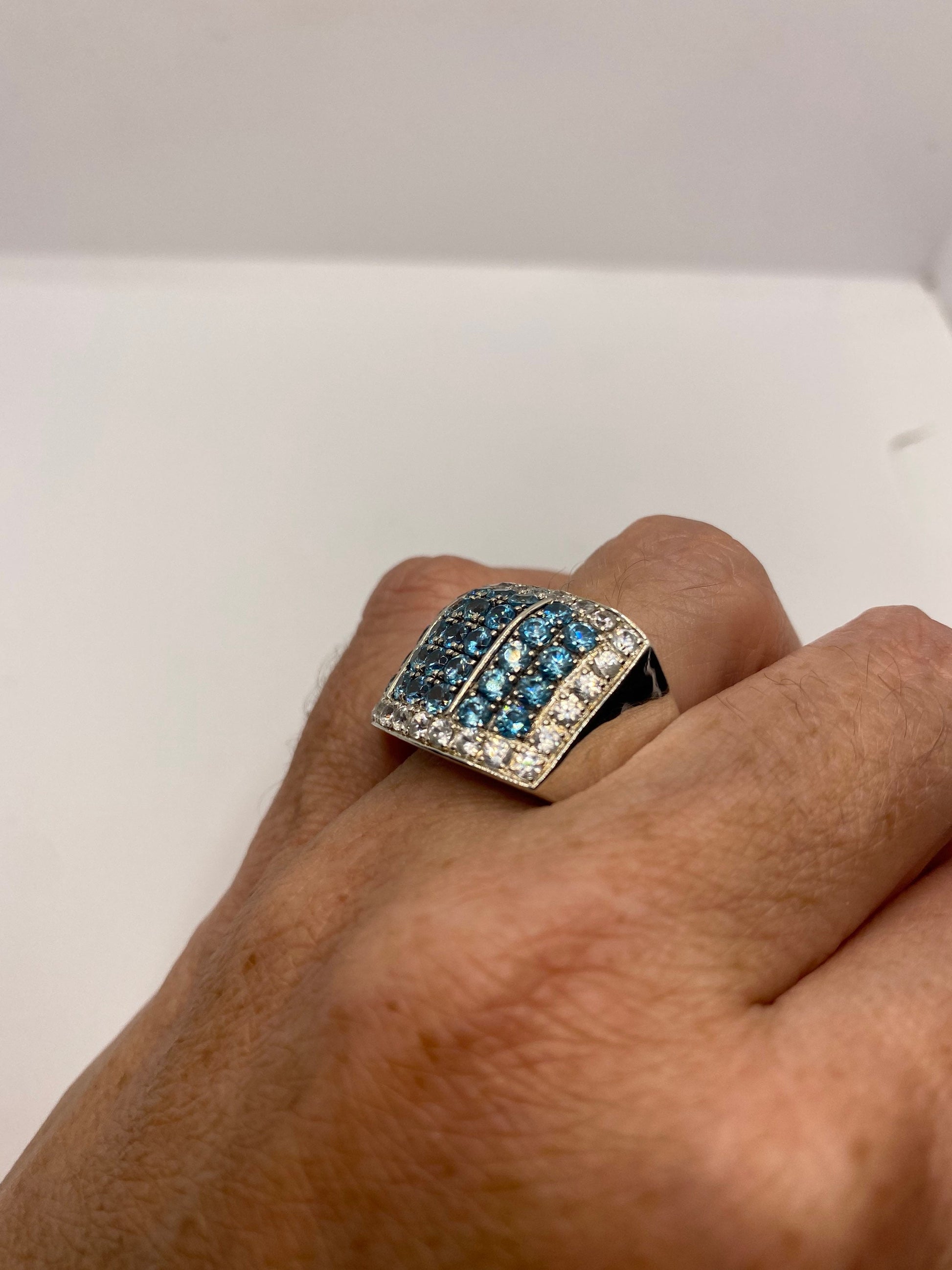 Vintage genuine blue topaz white sapphire 925 sterling silver Ring