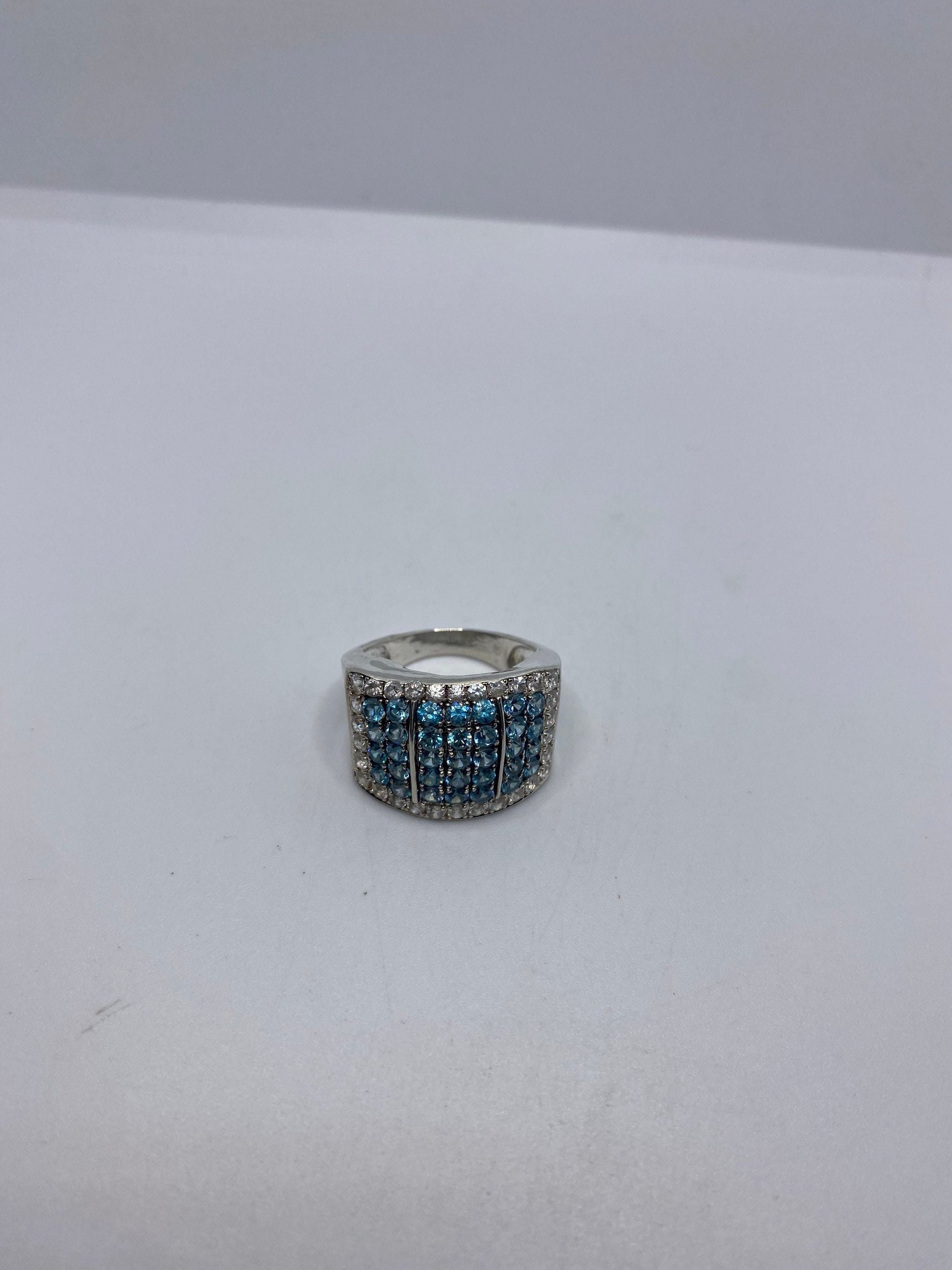Vintage genuine blue topaz white sapphire 925 sterling silver Ring