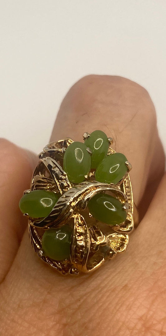 Vintage Green Jade Nephirite Golden 925 Sterling Silver Ring Size 6.5