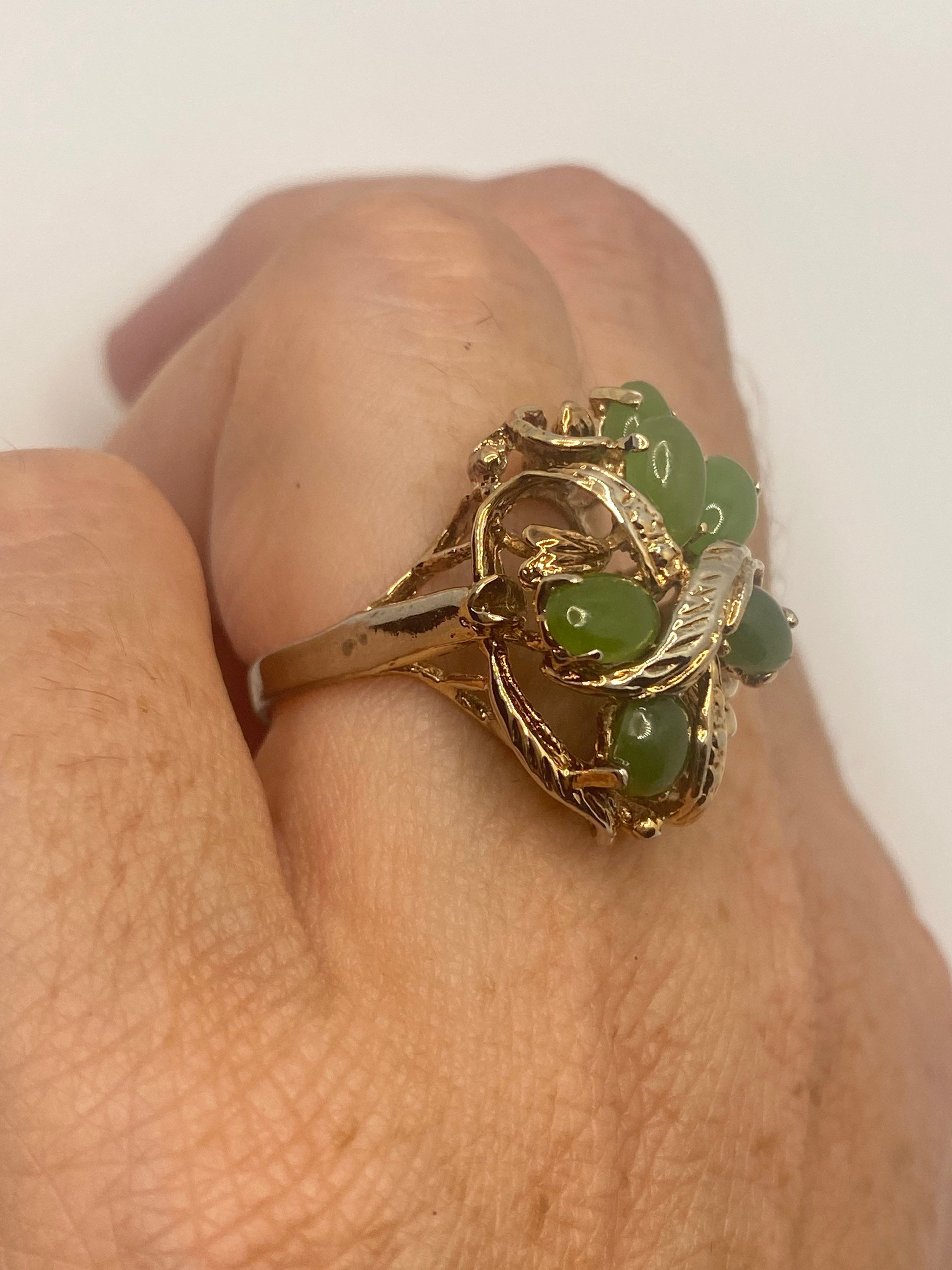 Vintage Green Jade Nephirite Golden 925 Sterling Silver Ring Size 6.5