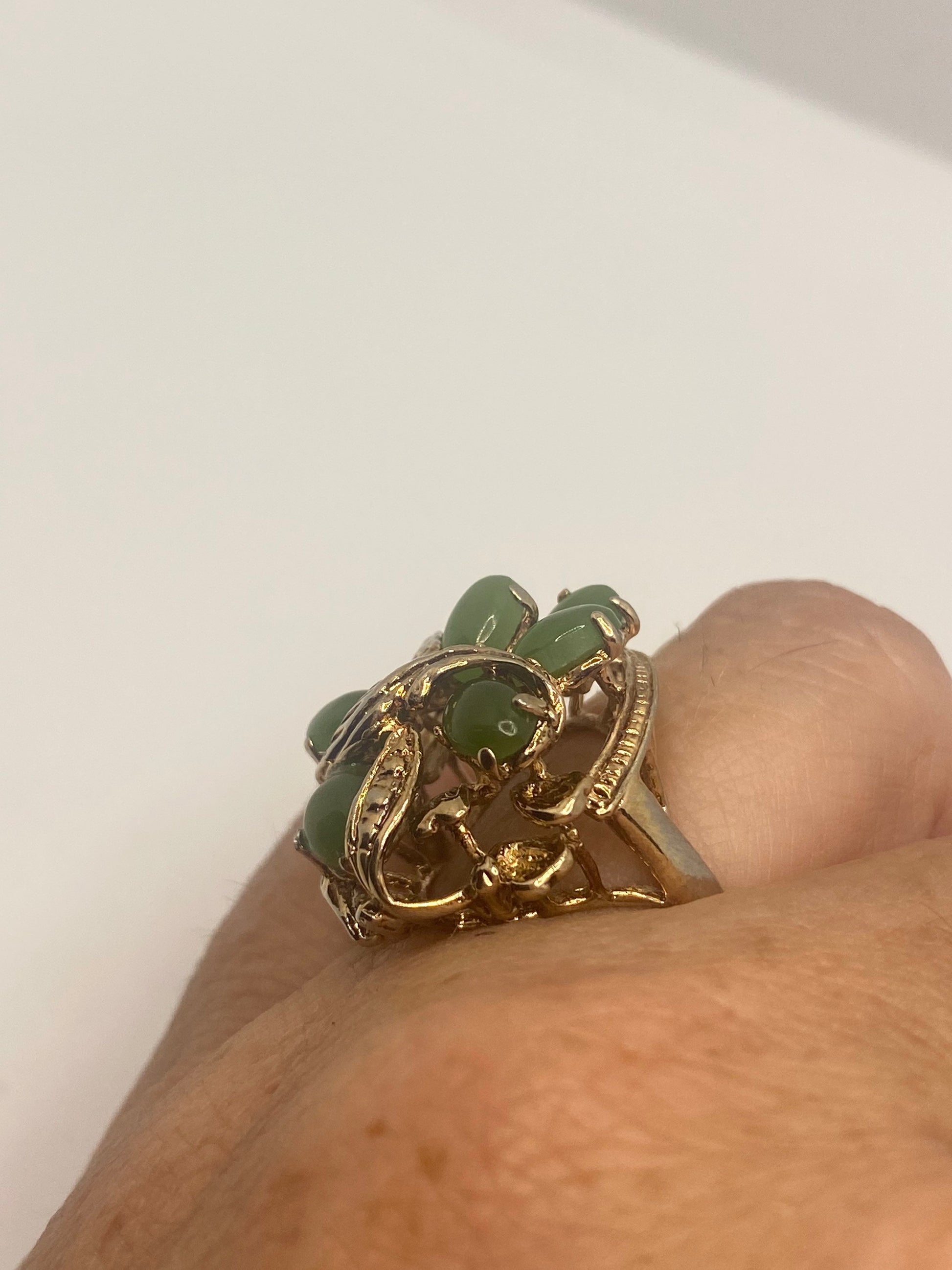 Vintage Green Jade Nephirite Golden 925 Sterling Silver Ring Size 6.5