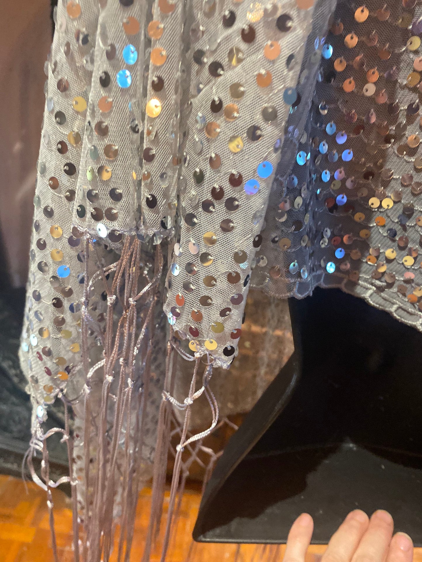 Vintage Styled Sheer Silver Sequined Embroidered Wrap Shawl