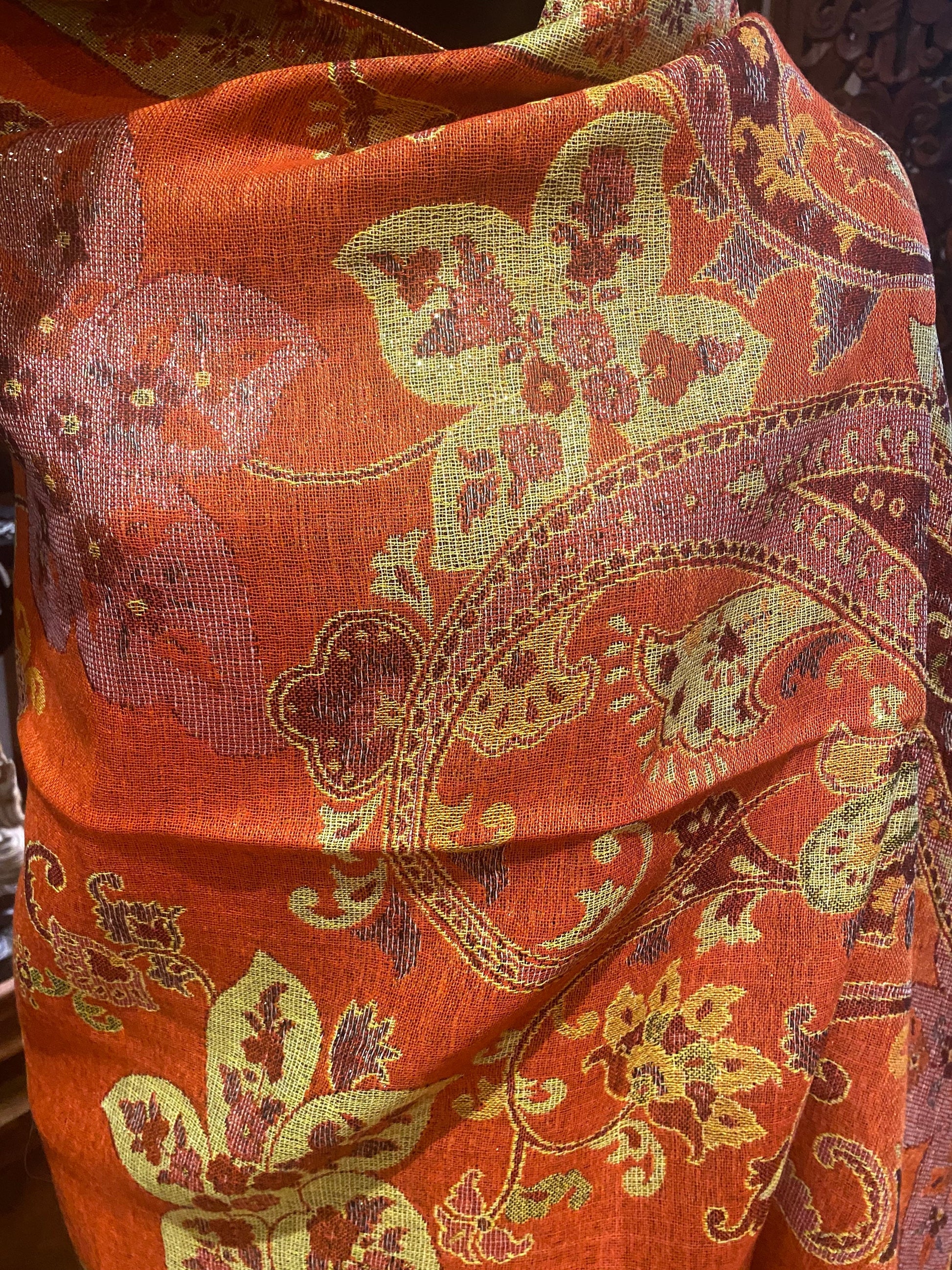 Vintage Orange Gold Paisley Brocade Pashmina Scarf Wrap