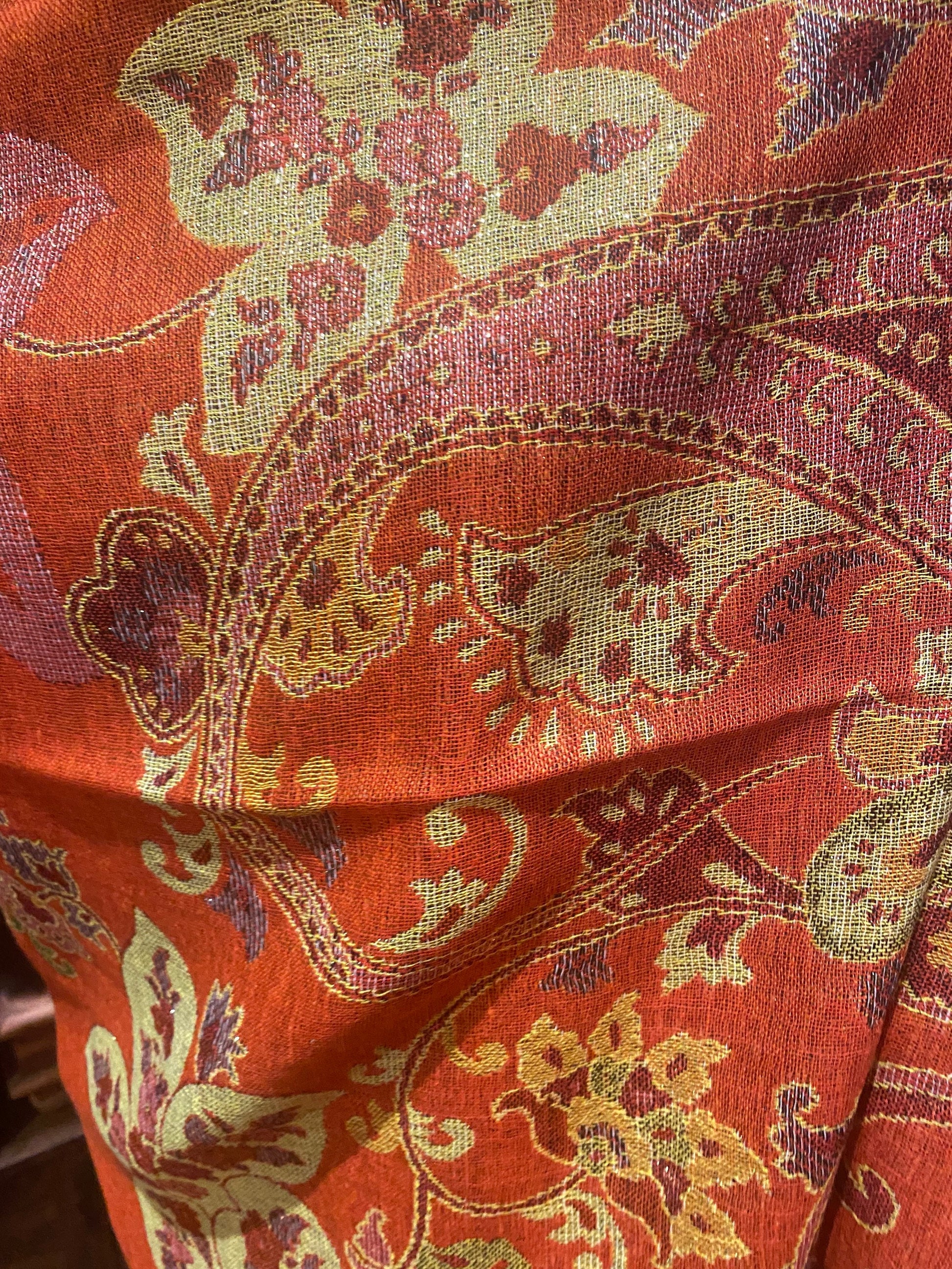 Vintage Orange Gold Paisley Brocade Pashmina Scarf Wrap