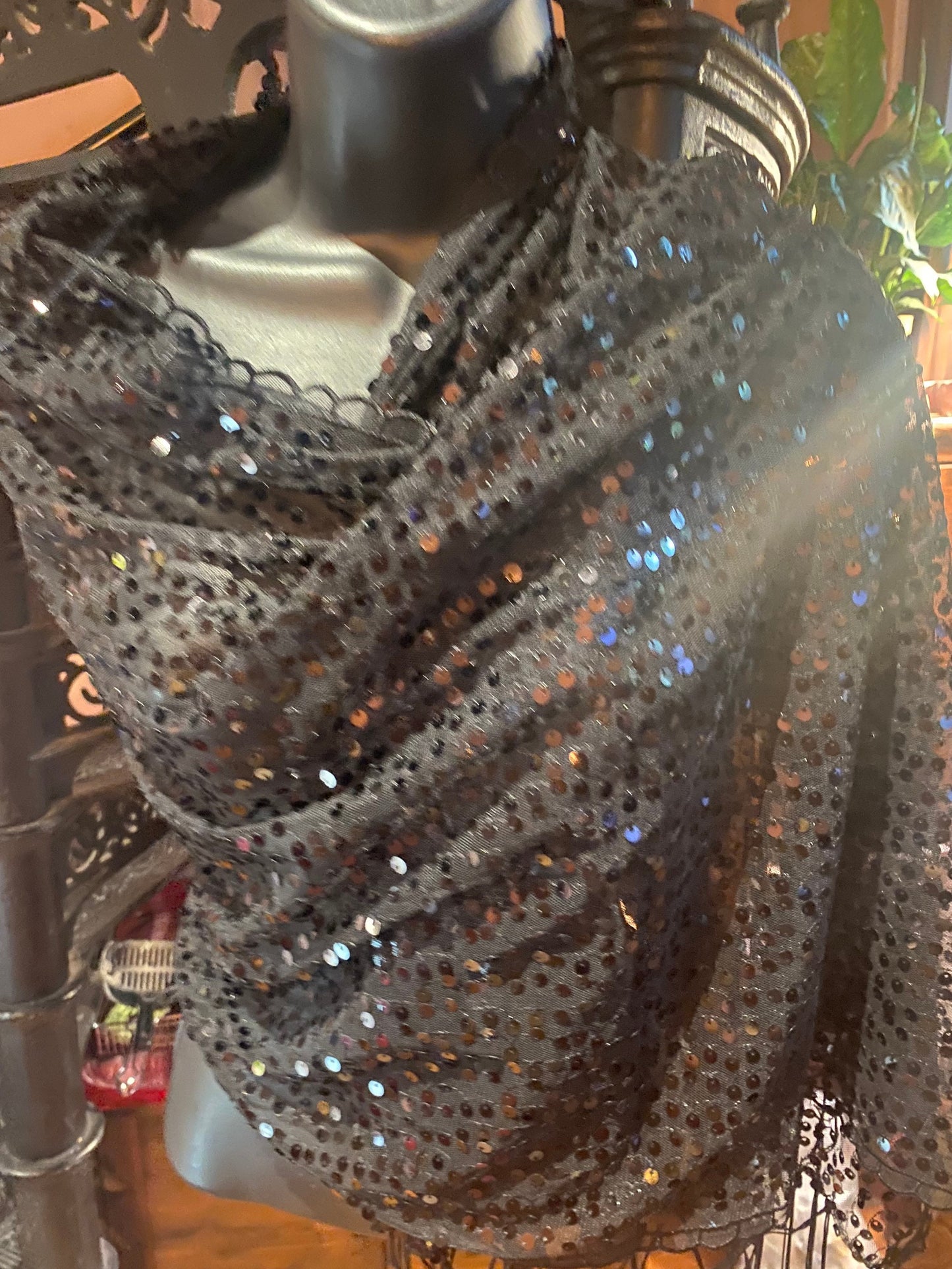 Vintage Styled Sheer Black Sequined Embroidered Wrap Shawl