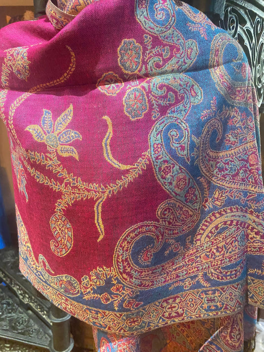 Vintage Pink Blue Gold Paisley Brocade Pashmina Scarf Wrap