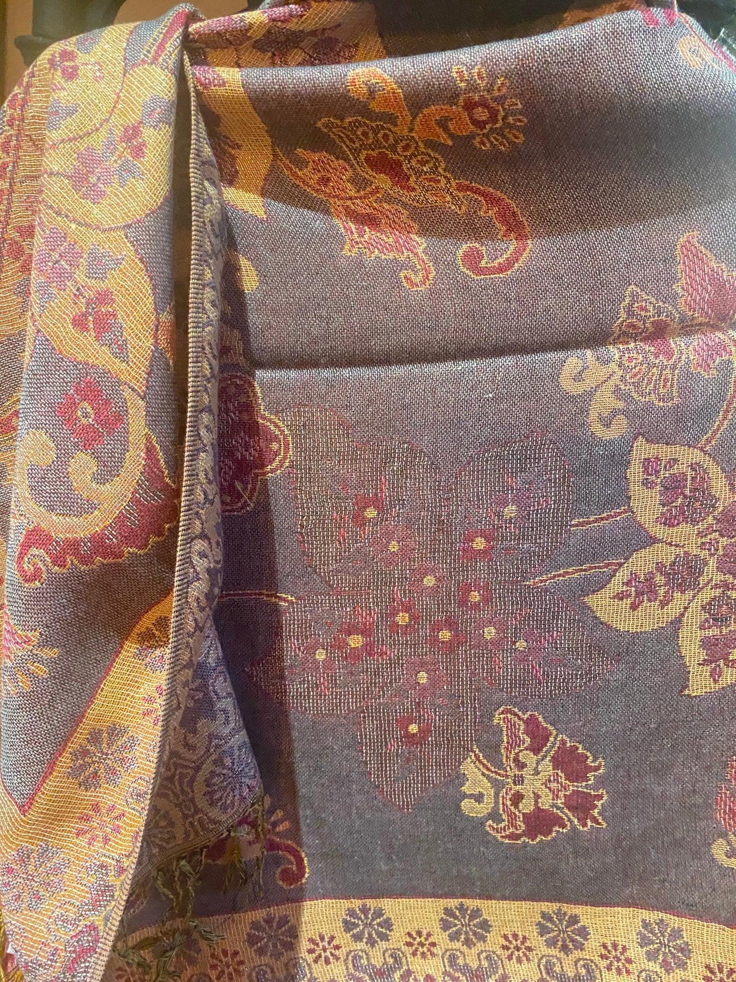 Vintage lavender Gold Paisley Brocade Pashmina Scarf Wrap