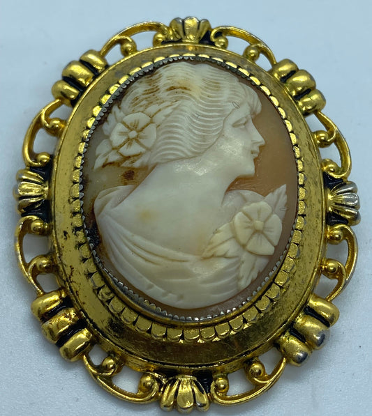 Vintage Shell Cameo Yellow Gold Finished Brooch Pin