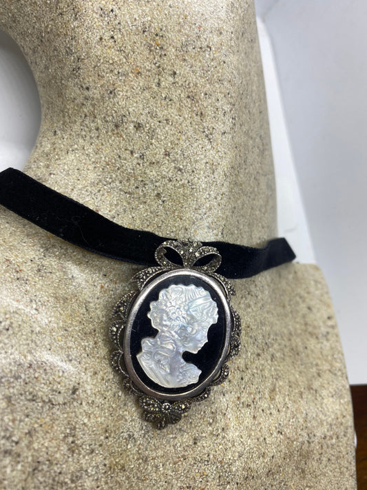 Vintage Black Cameo Marcasite 925 Sterling Silver Pin Necklace Choker