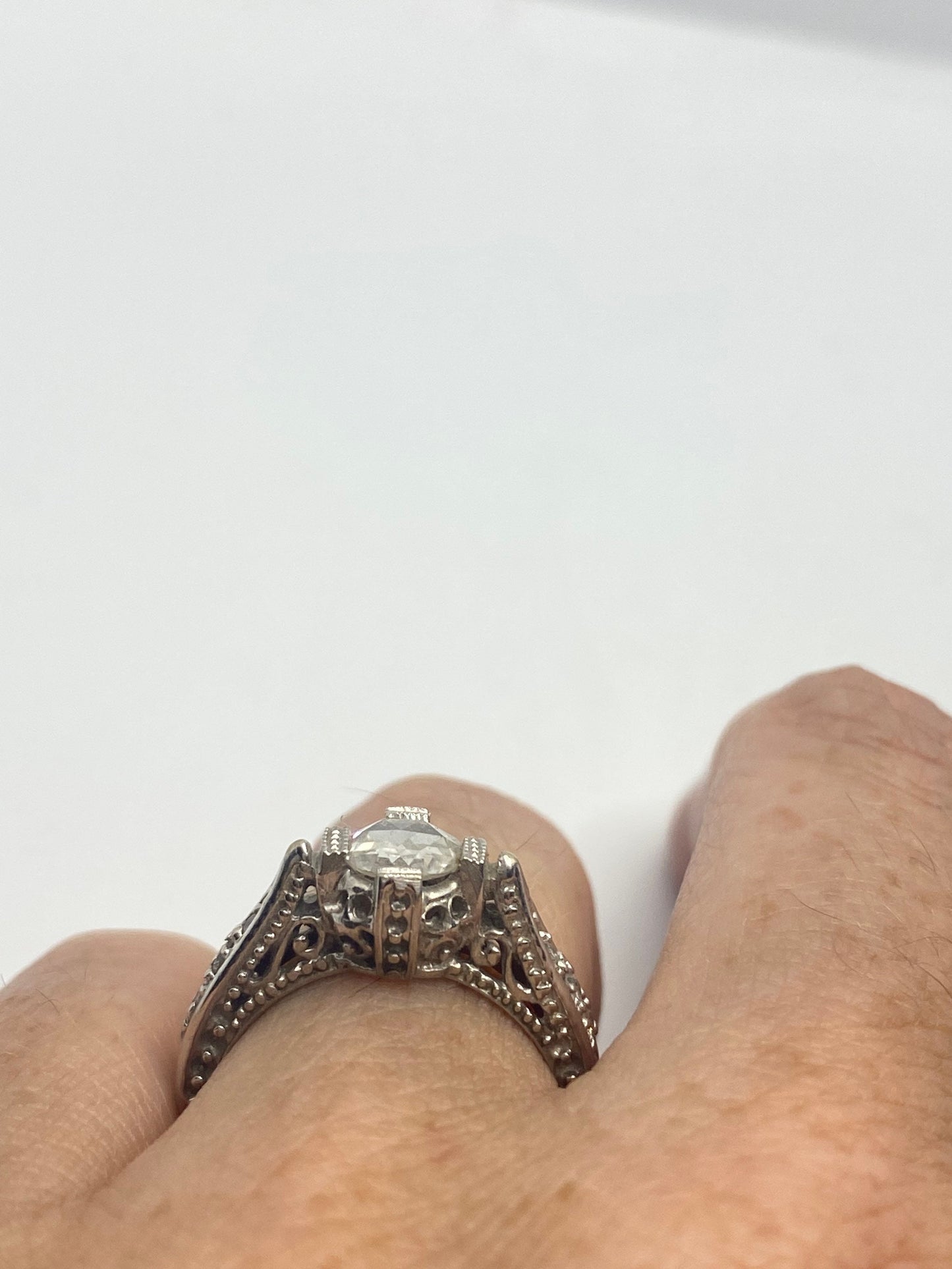 Vintage Victorian Handmade Antique old rose cut White Diamond Gothic 14k White Gold Engagement Ring