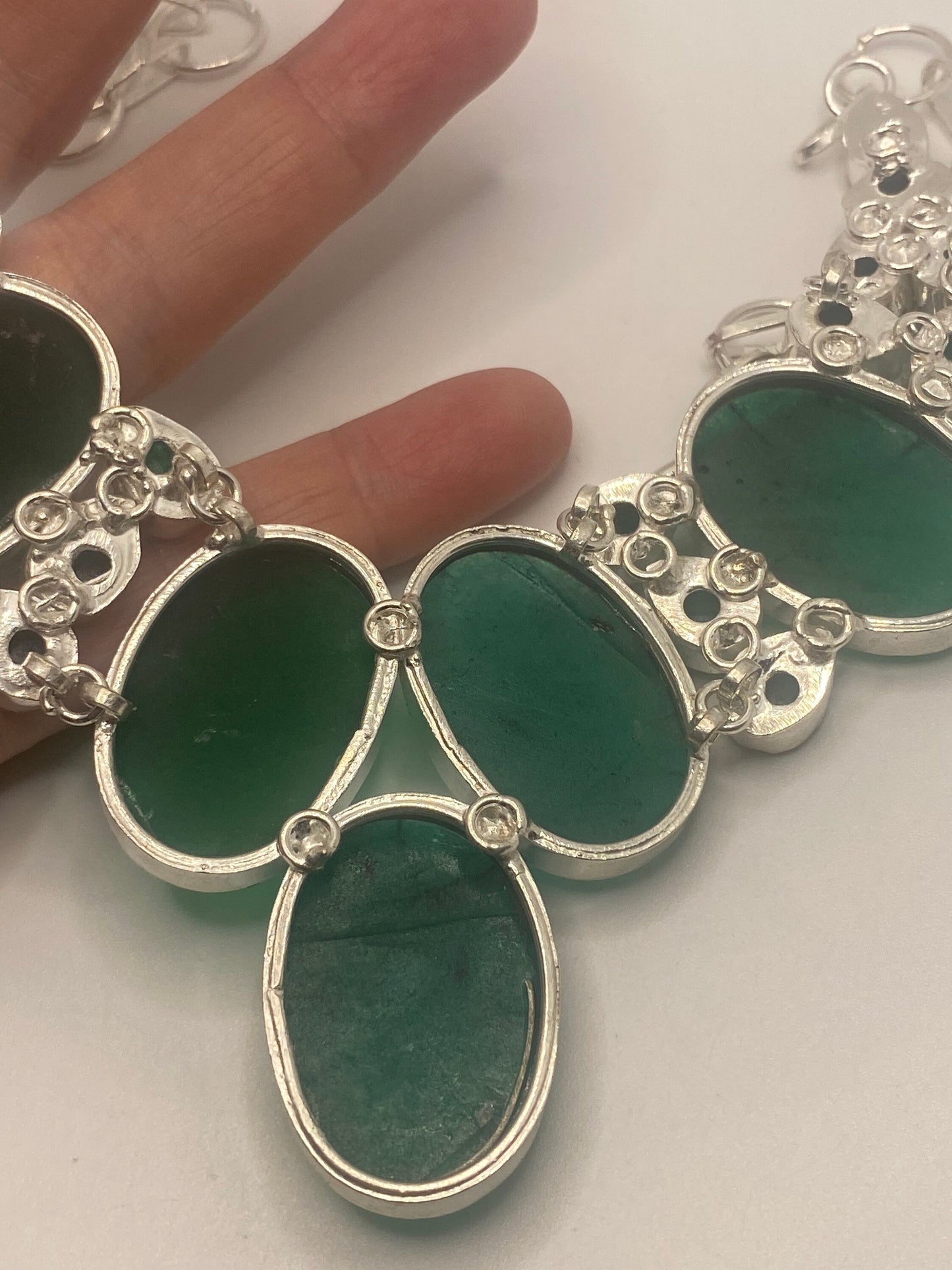 Vintage Silver Genuine Green Quartz Gemstone Statement Bib Necklace.