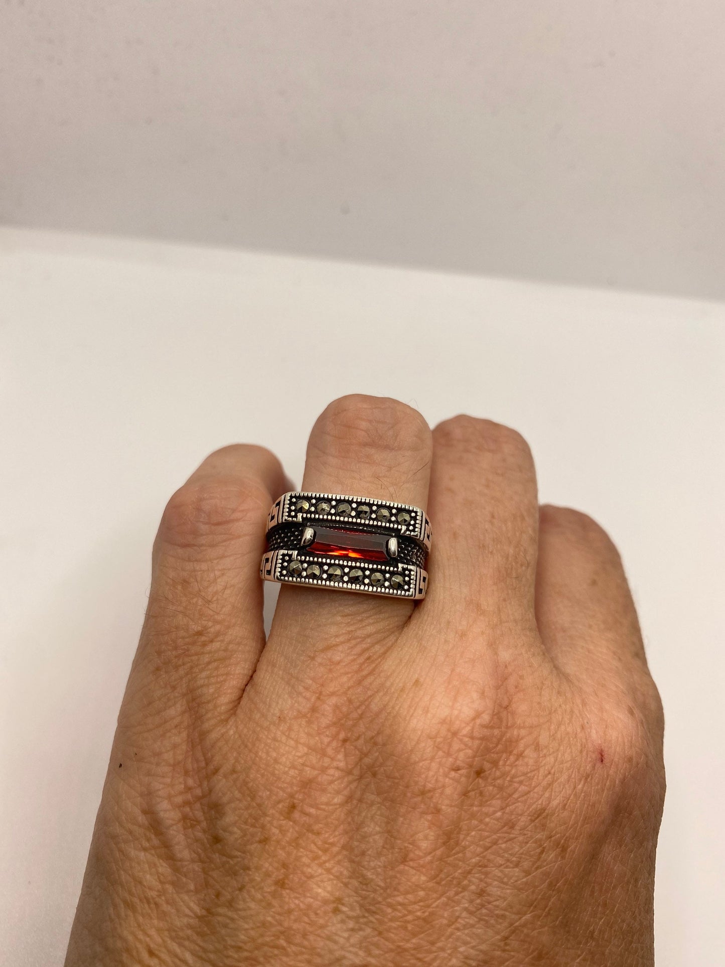Vintage Sterling Silver Red Ruby Glass Marcasite Mens Ring