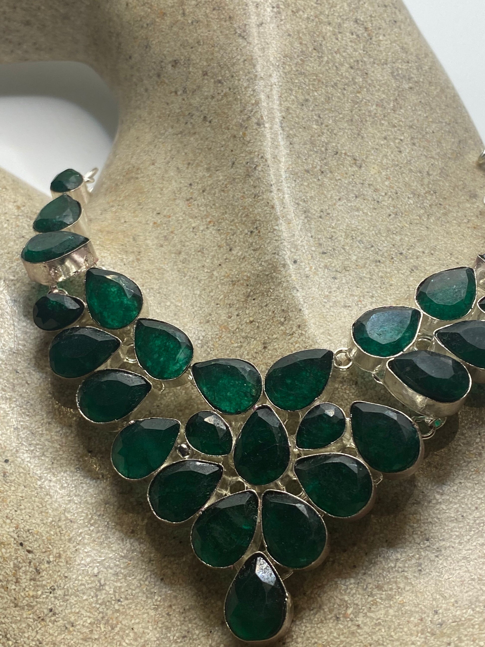Vintage Silver Genuine Green Quartz Gemstone Statement Bib Necklace.